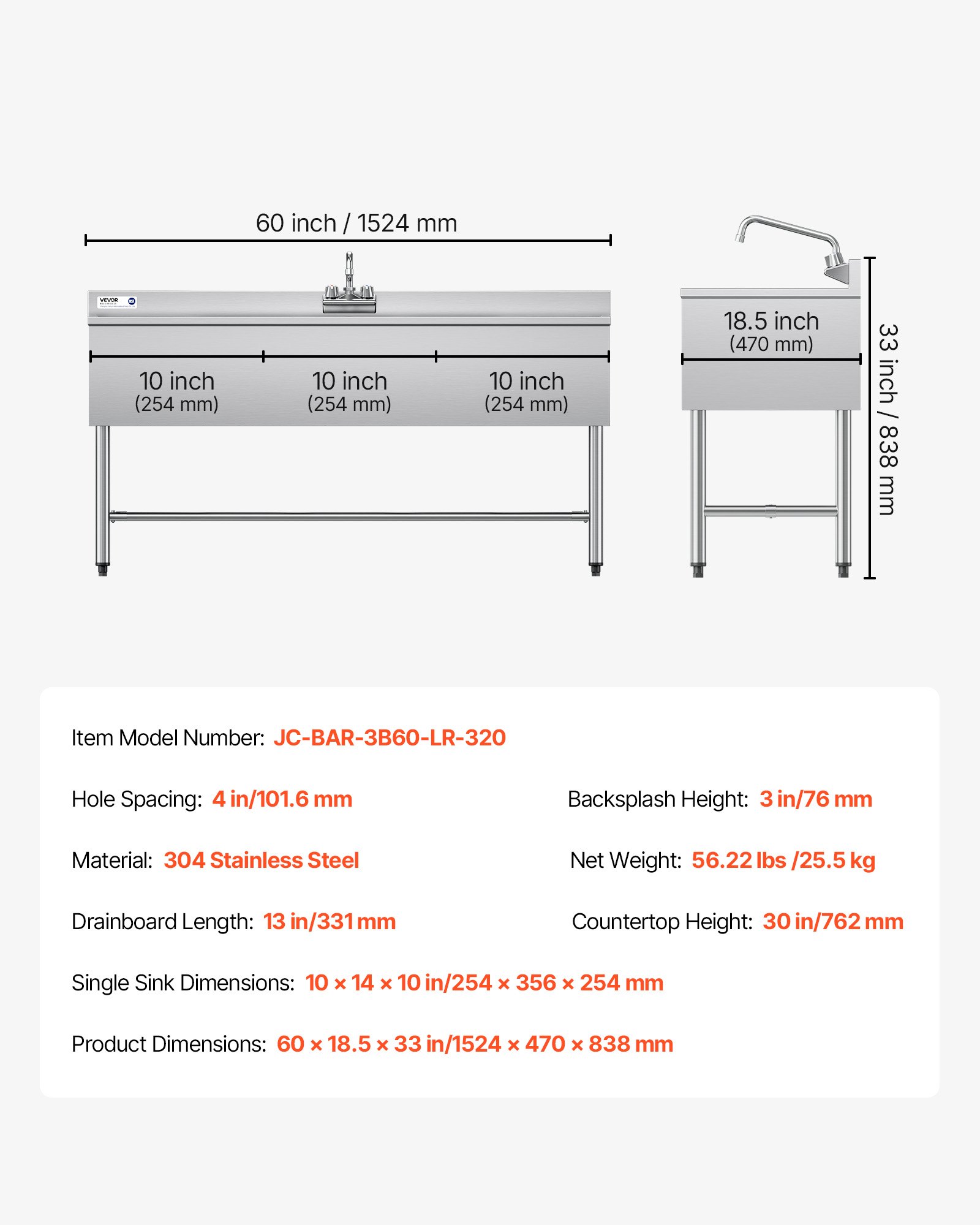 VEVOR 3 Compartment Sink, 18-Gauge 304 Stainless Steel, 254x356x254 mm Bowl Size, 3 Bay Commercial Under Bar Sink with Double Drainboard and Backsplash for Kitchen, Restaurant, Food Truck & Home Use
