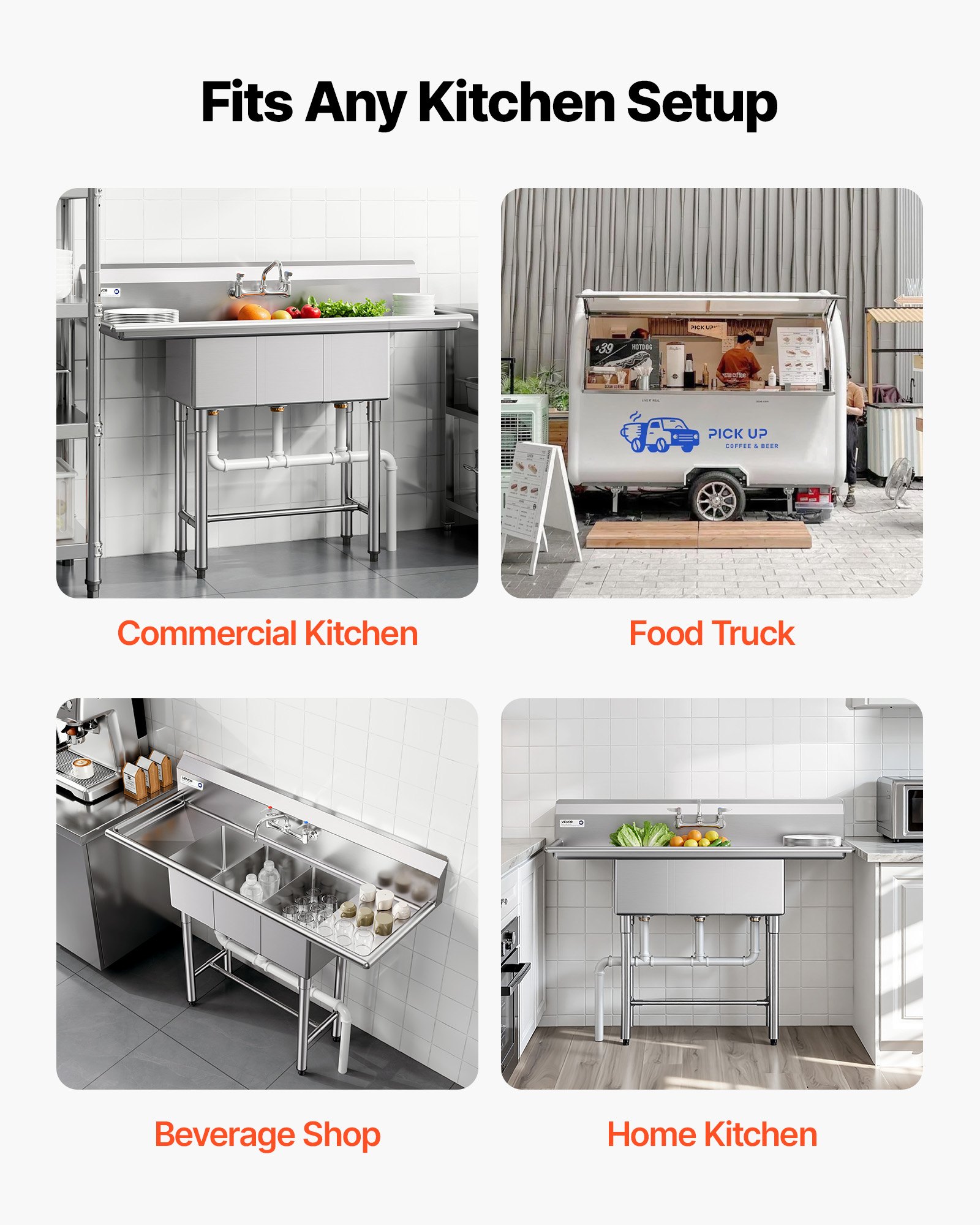 Zlew kuchenny VEVOR 3-komorowy z 2 ociekaczami i osłoną przeciwbryzgową (1372 x 508 x 1097 mm), zlew kuchenny do restauracji, food trucków i użytku prywatnego, ze stali nierdzewnej, kolor srebrny