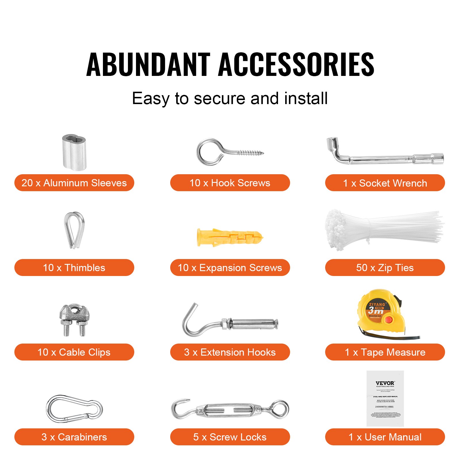 Zestaw lin stalowych VEVOR, 3,18 mm x 30,5 m, lina ze stali nierdzewnej 304, ze 124 akcesoriami, wytrzymałość na zerwanie 7,1 kN, 7x7 splotów, klasa morska i lotnicza, do poręczy, schodów, tarasów i ogrodzeń zewnętrznych