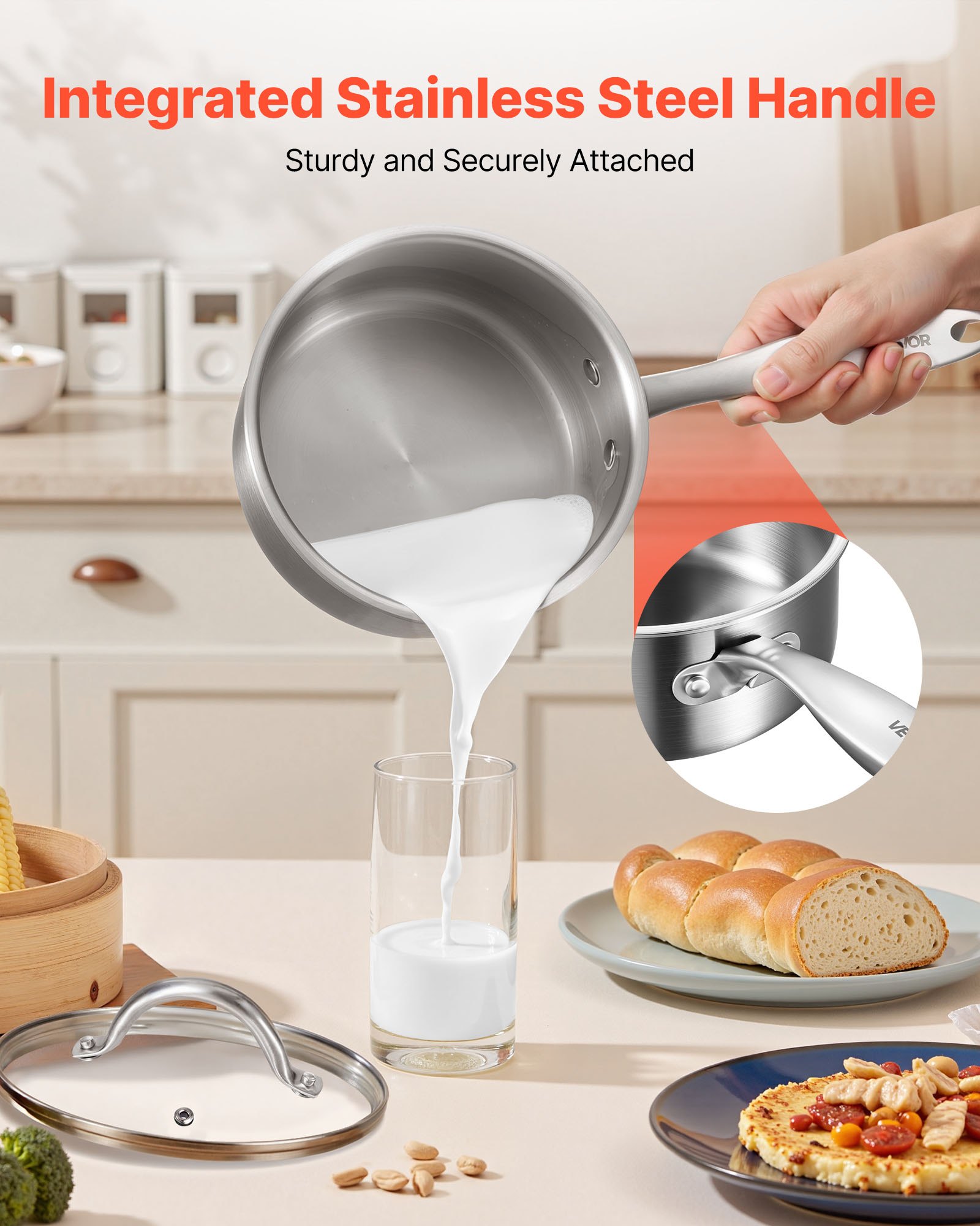 VEVOR Garnek do gotowania, rondel 1,42 l ze szklaną pokrywką, garnek do zupy, garnek do warzyw z ergonomicznym uchwytem, ​​garnek na mleko ze stali nierdzewnej, garnek do warzyw, srebrny, nadający się do mycia w zmywarce garnek do sosu