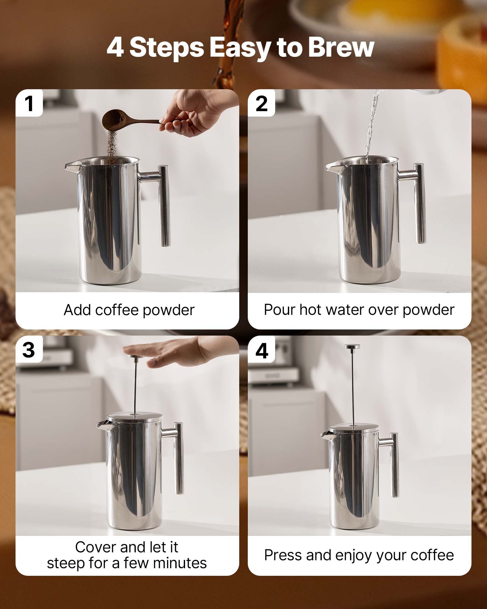 VEVOR French Press Coffee Maker, 1.5 Liter Stainless Steel Coffee Press Tea Maker with Filter, Large Double Wall Insulated French Presses Cold Brew for Camping Travel Home Kitchen, Silver