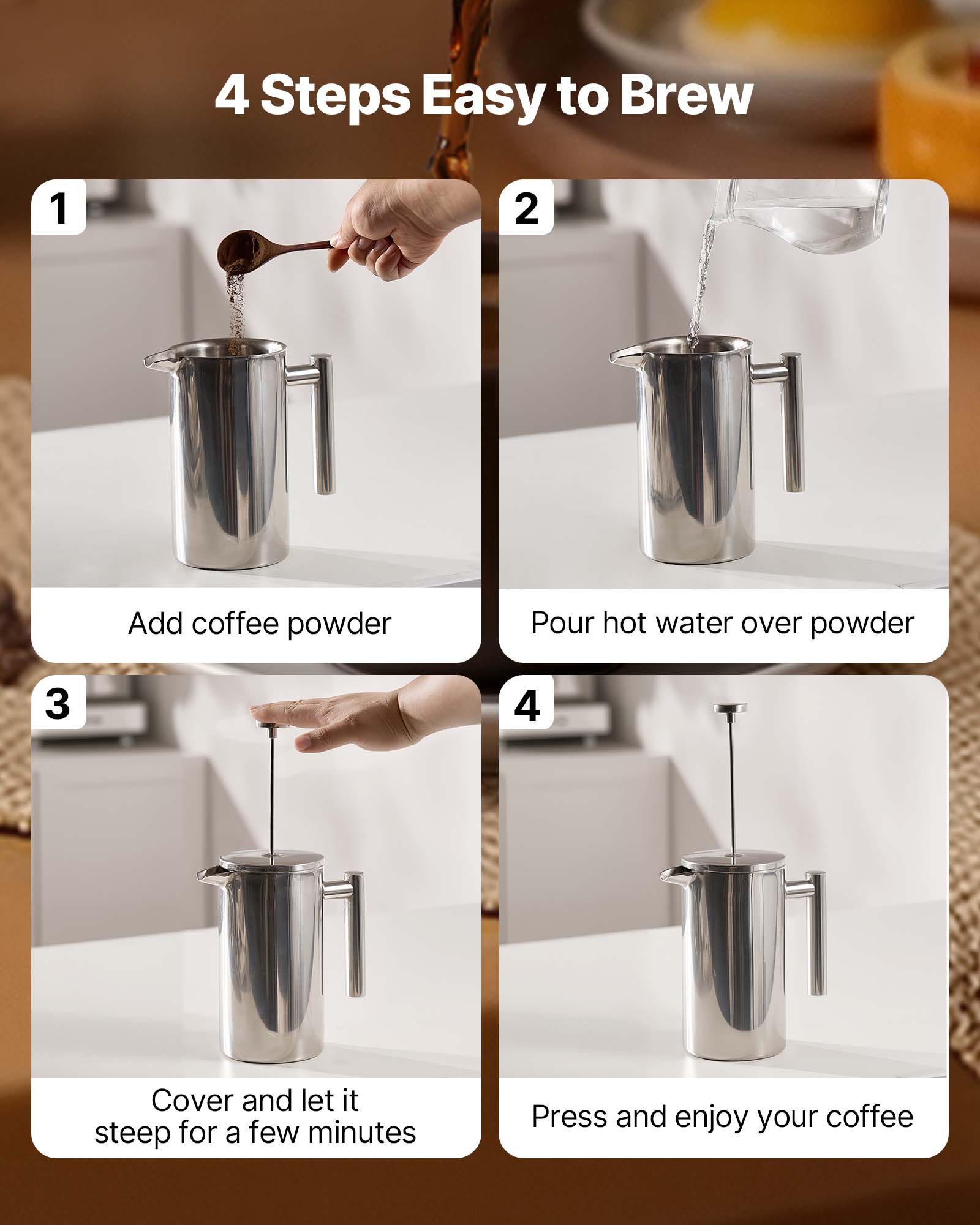 VEVOR French Press Coffee Maker, 1 l stalowy zaparzacz do kawy i herbaty z filtrem, duży, dwuścienny, izolowany, francuski ekspres do kawy do kuchni kempingowej i podróżnej, srebrny