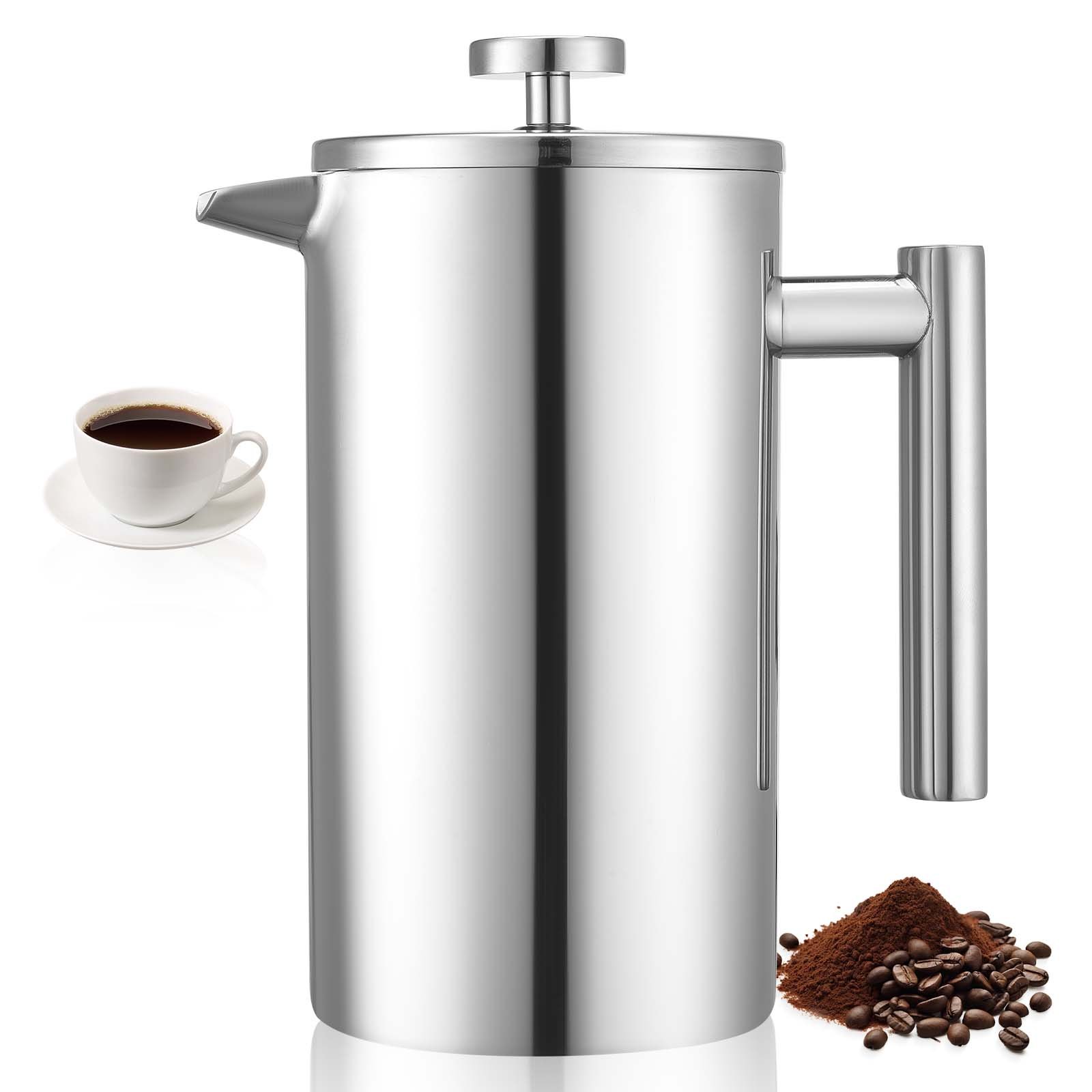 VEVOR French Press Coffee Maker, 1 Liter Stainless Steel Coffee Press Tea Maker with Filter, Large Double Wall Insulated French Presses Cold Brew for Camping Travel Home Kitchen, Silver