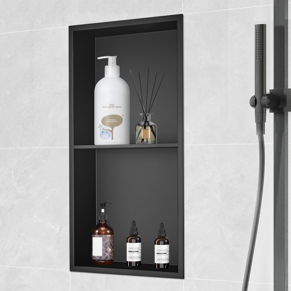 VEVOR Wall Niche 10x33.02x63.5cm Shower Niche Stainless Steel Niche Double Layer 100% Waterproof Niche Installation 0-40°C Operating Temperature 92° Internal Corner Design Ideal for Bathroom Bedroom Study