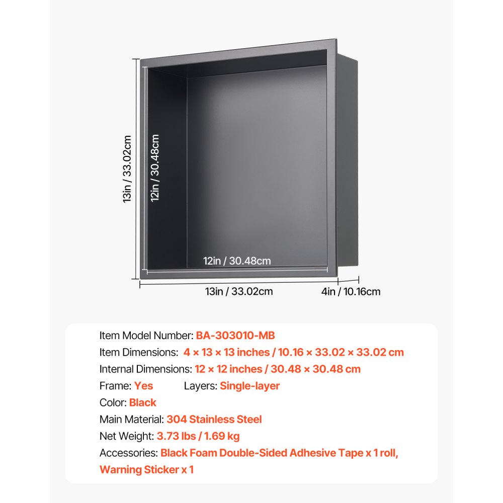 Półka prysznicowa VEVOR, 10,16 x 33,02 x 33,02 cm, wpuszczana w ścianę, półka prysznicowa ze stali nierdzewnej, organizer do przechowywania mydła i szamponu, trwała i łatwa w montażu, czarna do łazienki