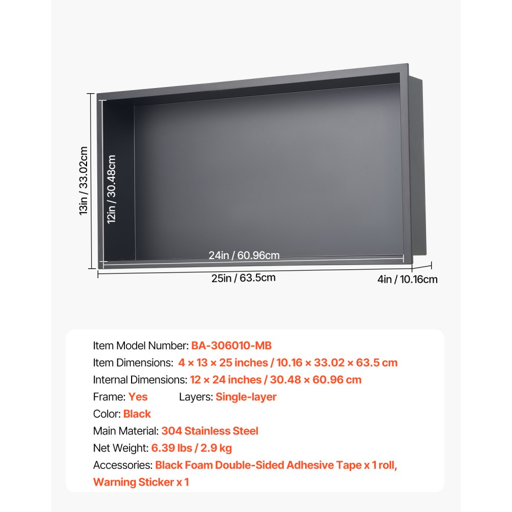 VEVOR Nisza prysznicowa, 10,16 x 33,02 x 63,5 cm Nisza ścienna, organizer do przechowywania mydła i szamponu wykonany ze stali nierdzewnej, trwały i łatwy w montażu, czarny do łazienki