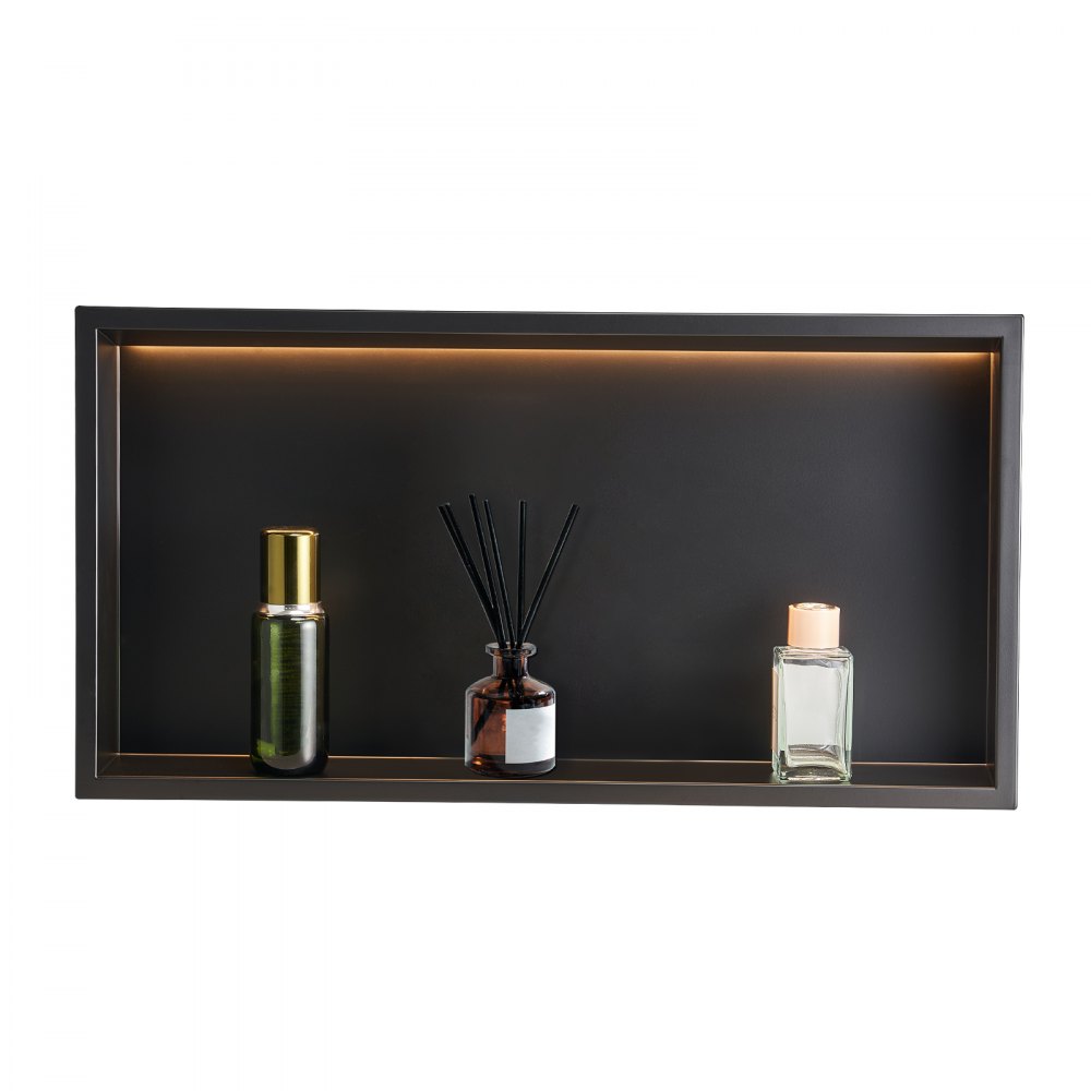 VEVOR Wnęka prysznicowa, 10,16 x 33,02 x 63,5 cm, wpuszczana w ścianę z paskiem LED, organizer do przechowywania szamponu ze stali nierdzewnej, trwały i łatwy w montażu, czarny do łazienki