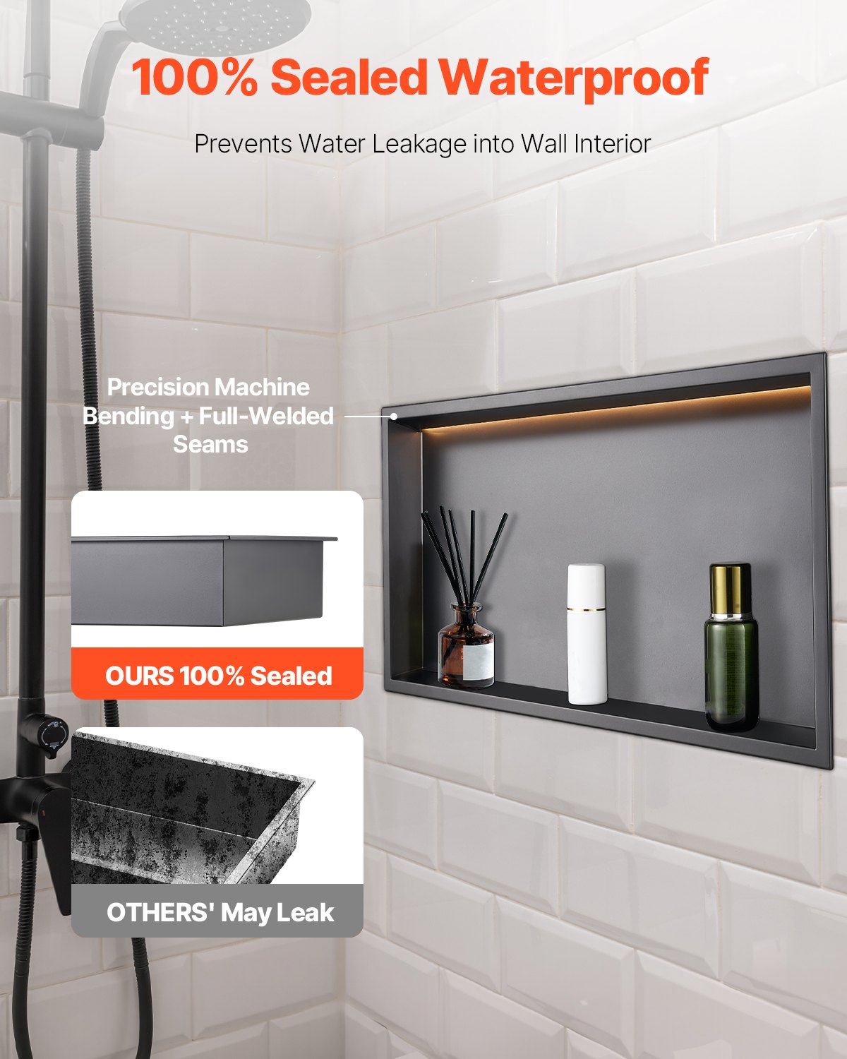 VEVOR Wnęka prysznicowa, 10,16 x 33,02 x 63,5 cm, wpuszczana w ścianę z paskiem LED, organizer do przechowywania szamponu ze stali nierdzewnej, trwały i łatwy w montażu, czarny do łazienki
