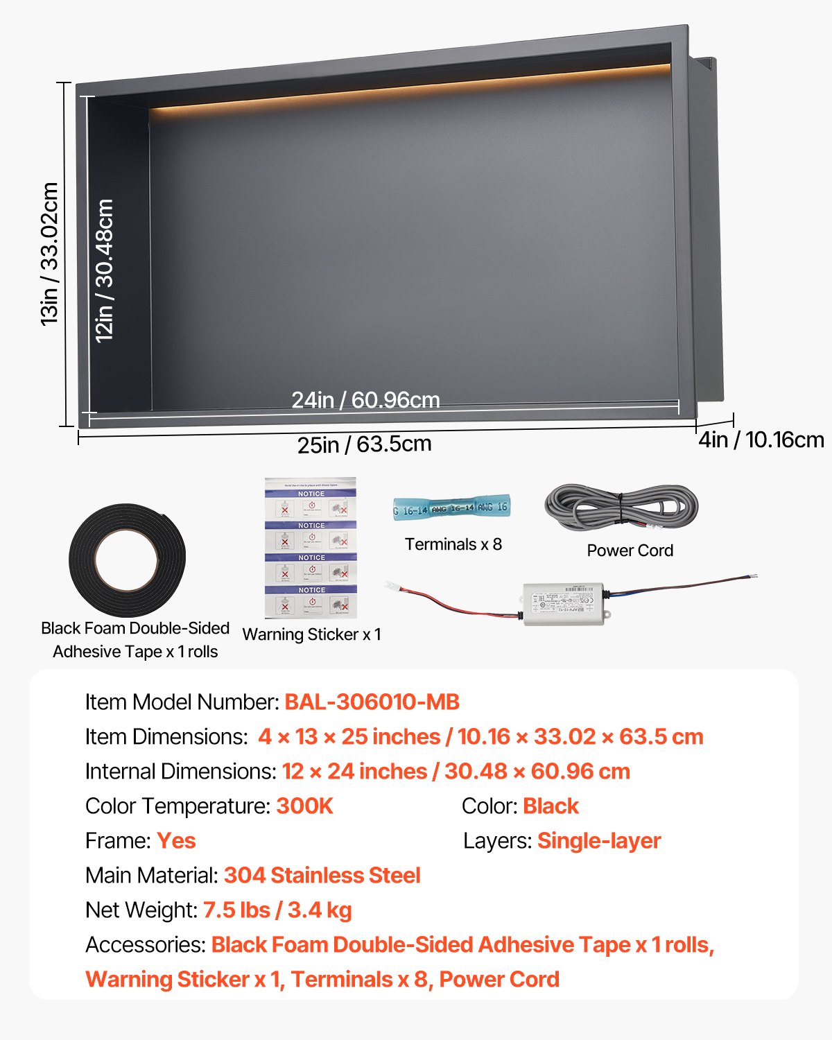 VEVOR Wnęka prysznicowa, 10,16 x 33,02 x 63,5 cm, wpuszczana w ścianę z paskiem LED, organizer do przechowywania szamponu ze stali nierdzewnej, trwały i łatwy w montażu, czarny do łazienki