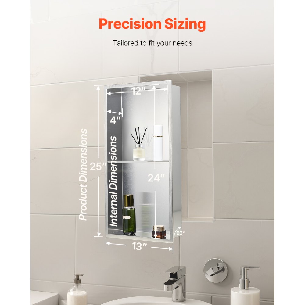 Wnęka prysznicowa VEVOR, 10,16 x 33,02 x 63,5 cm, dwuwarstwowa wnęka ścienna z wydrążoną ścianką działową, organizer ze stali nierdzewnej do przechowywania szamponu, półka prysznicowa, srebrna do łazienki