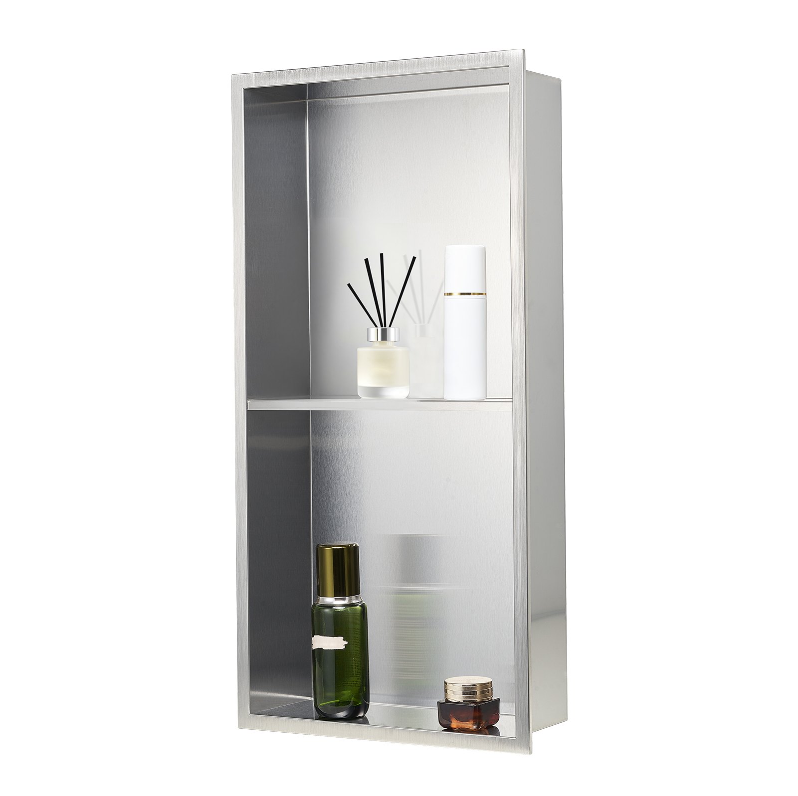 Wnęka prysznicowa VEVOR, 10,16 x 33,02 x 63,5 cm, dwuwarstwowa wnęka ścienna z wydrążoną ścianką działową, organizer ze stali nierdzewnej do przechowywania szamponu, półka prysznicowa, srebrna do łazienki