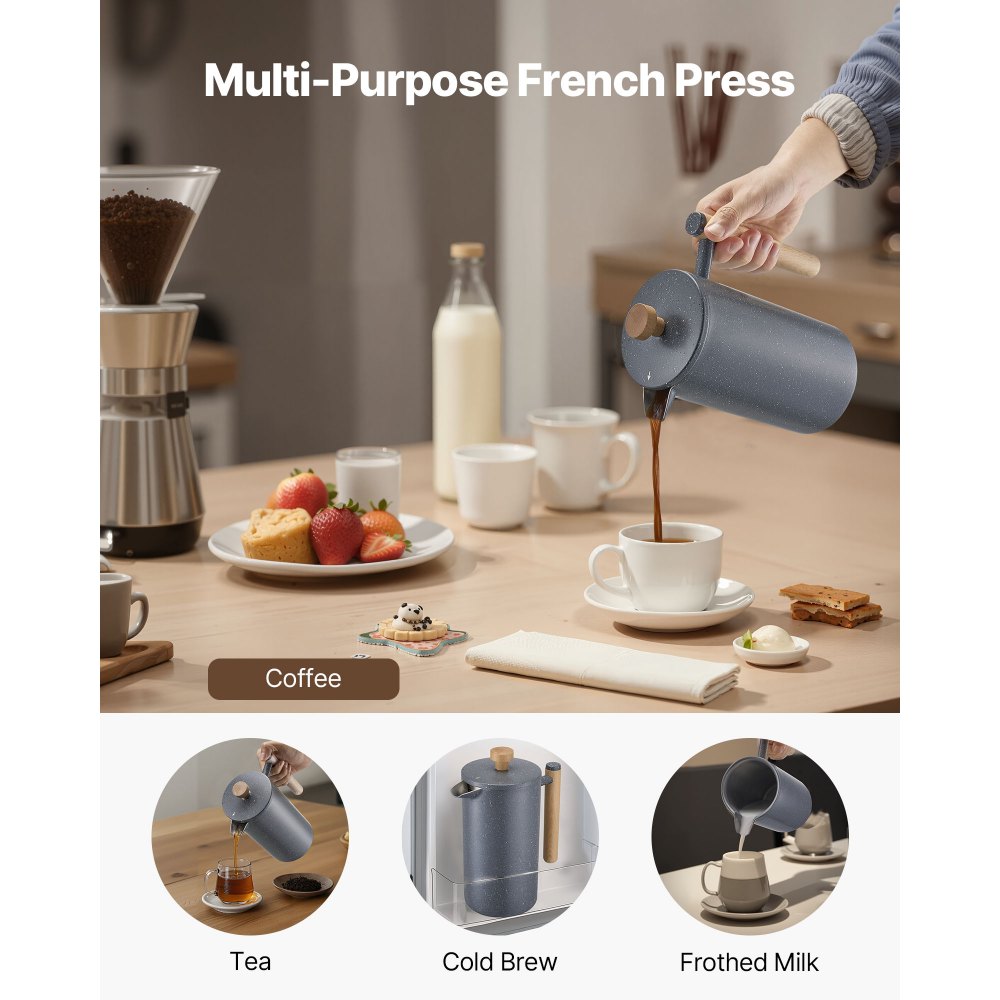 VEVOR French Press Coffee Maker, 1 Liter Stainless Steel Coffee Press Tea Maker with Filter, Large Double Wall Insulated French Presses Cold Brew for Camping Travel Home Kitchen, Black