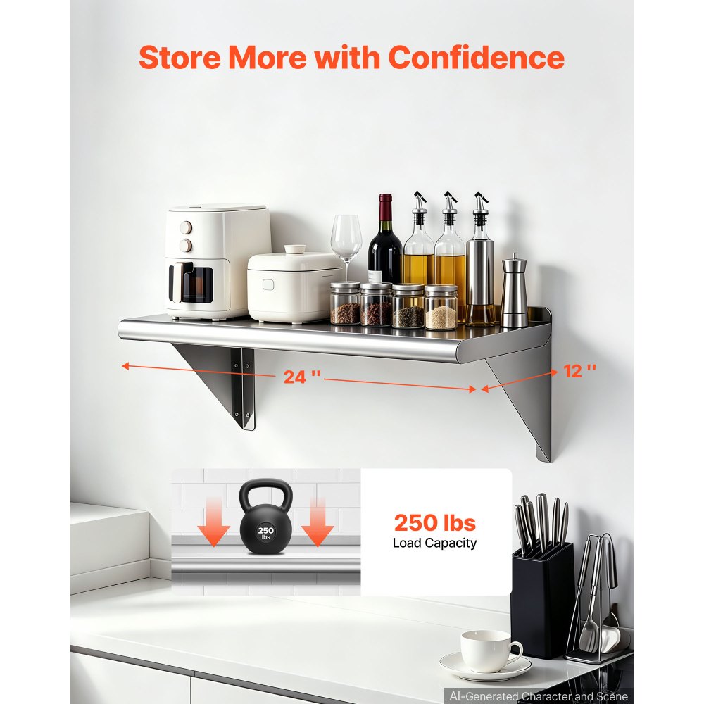 Półka ścienna VEVOR 305 x 610 mm, stal nierdzewna, półka kuchenna 430, wisząca, do kuchni komercyjnych, prywatnych, barów i garaży, wzmocnione trójkątne uchwyty, gładka, zmywalna, w zestawie elementy montażowe