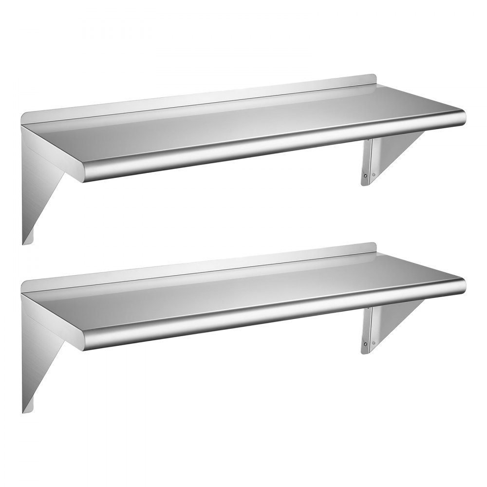VEVOR 2 x Półka ścienna 305 x 914 mm Półka kuchenna ze stali nierdzewnej 430 Półka wisząca do kuchni komercyjnych, prywatnych, barów i garaży, nośność 136 kg, wzmocnione trójkątne wsporniki, w zestawie elementy montażowe
