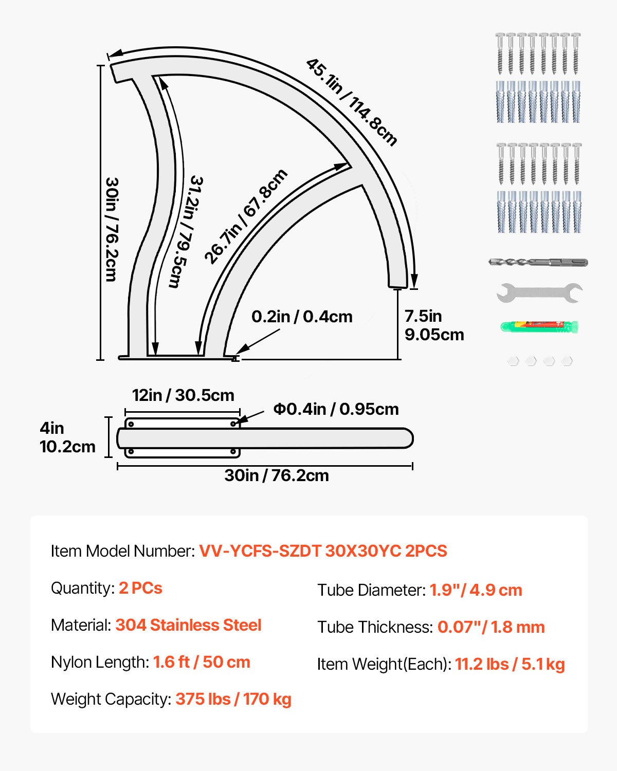 VEVOR Poręcz Basenowa 76,2 x 76,2 cm Poręcz Schodowa Przy Basenie 170 kg Poręcz do Basenu Schodowego Stal Nierdzewna 304 Kompletne Akcesoria Jest Prosty w Montażu za Pomocą Wkrętów Samogwintujących