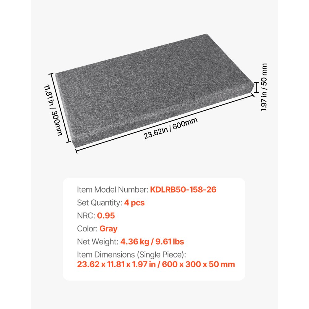 Panele akustyczne VEVOR, opakowanie 4 szt., 600 x 300 x 50 mm, dźwiękochłonne panele z włókna szklanego, samoprzylepne, akustyczne panele ścienne, do studiów, biur, kin domowych, sal konferencyjnych, kolor szary