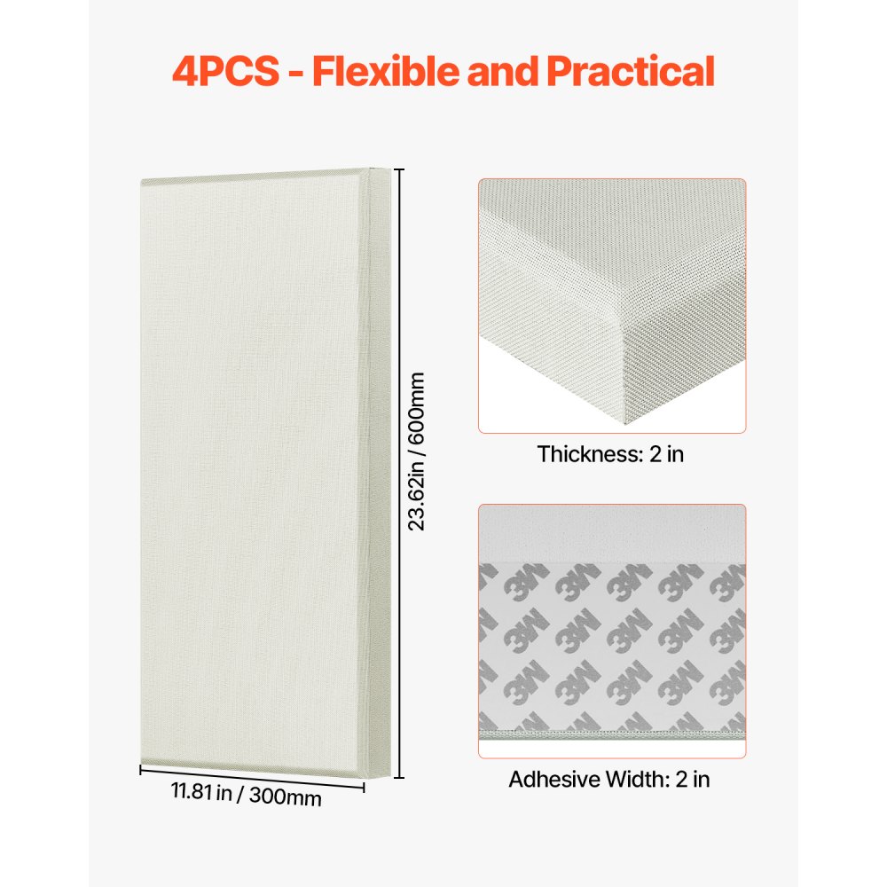 Panele akustyczne VEVOR, opakowanie 4 szt., 600 x 300 x 50 mm, panele ścienne, panele dźwiękochłonne, samoprzylepne panele ścienne dźwiękochłonne, do studiów, biur, kin domowych, sal konferencyjnych, beżowe