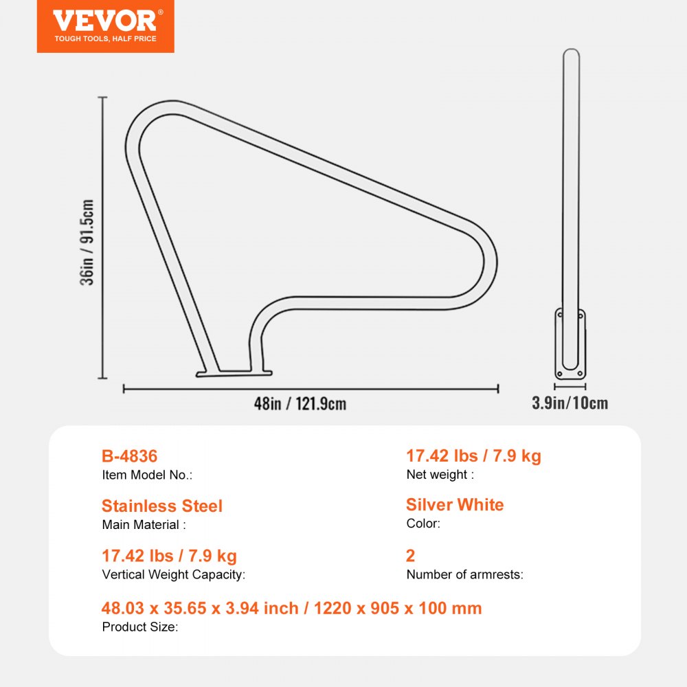VEVOR Pool Handrail, 2 pieces, 1220 x 905 x 100 mm, Stainless Steel Pool Entry with Base Plate for Indoor/Outdoor Pools, Swimming Pool Entry Aid, Grab Handle with Handle Cover & Accessories for Spas