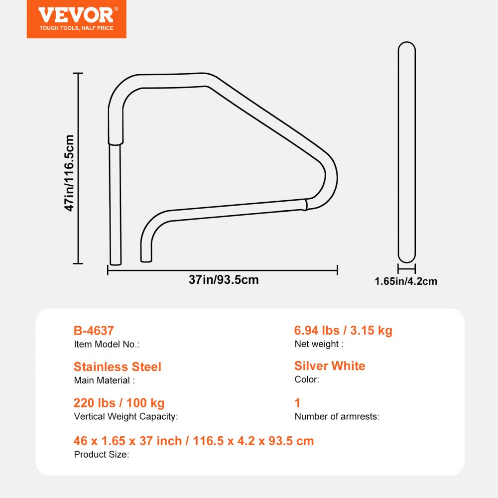 Poręcz basenowa VEVOR, 1165 x 42 x 935 mm, łuk z uchwytem, ​​stal nierdzewna (prefabrykowana) do basenów wewnętrznych i zewnętrznych, wejście do basenu, poręcz nierdzewna z niebieską osłoną uchwytu i akcesoriami do spa, pomoc w wejściu