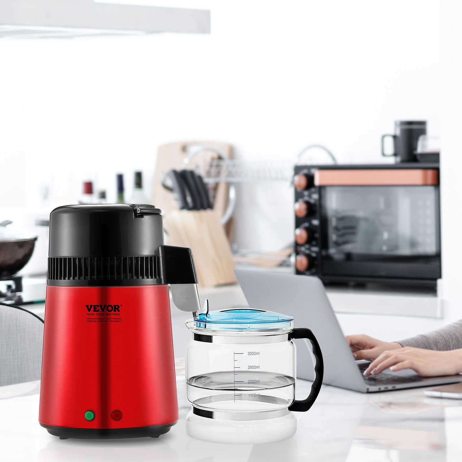 Destylator wody VEVOR, filtr do czystej wody o pojemności 4 l do użytku domowego, urządzenie do produkcji wody destylowanej o mocy 750 W, wnętrze ze stali nierdzewnej, czerwona maszyna do produkcji wody destylowanej, wydajność 1 l na godzinę.