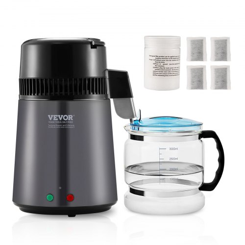 Destylarka wody VEVOR, filtr do czystej wody o pojemności 4 l do użytku domowego, urządzenie do destylacji wody o mocy 750 W, kolor szary, wnętrze ze stali nierdzewnej, 1 l na godzinę.