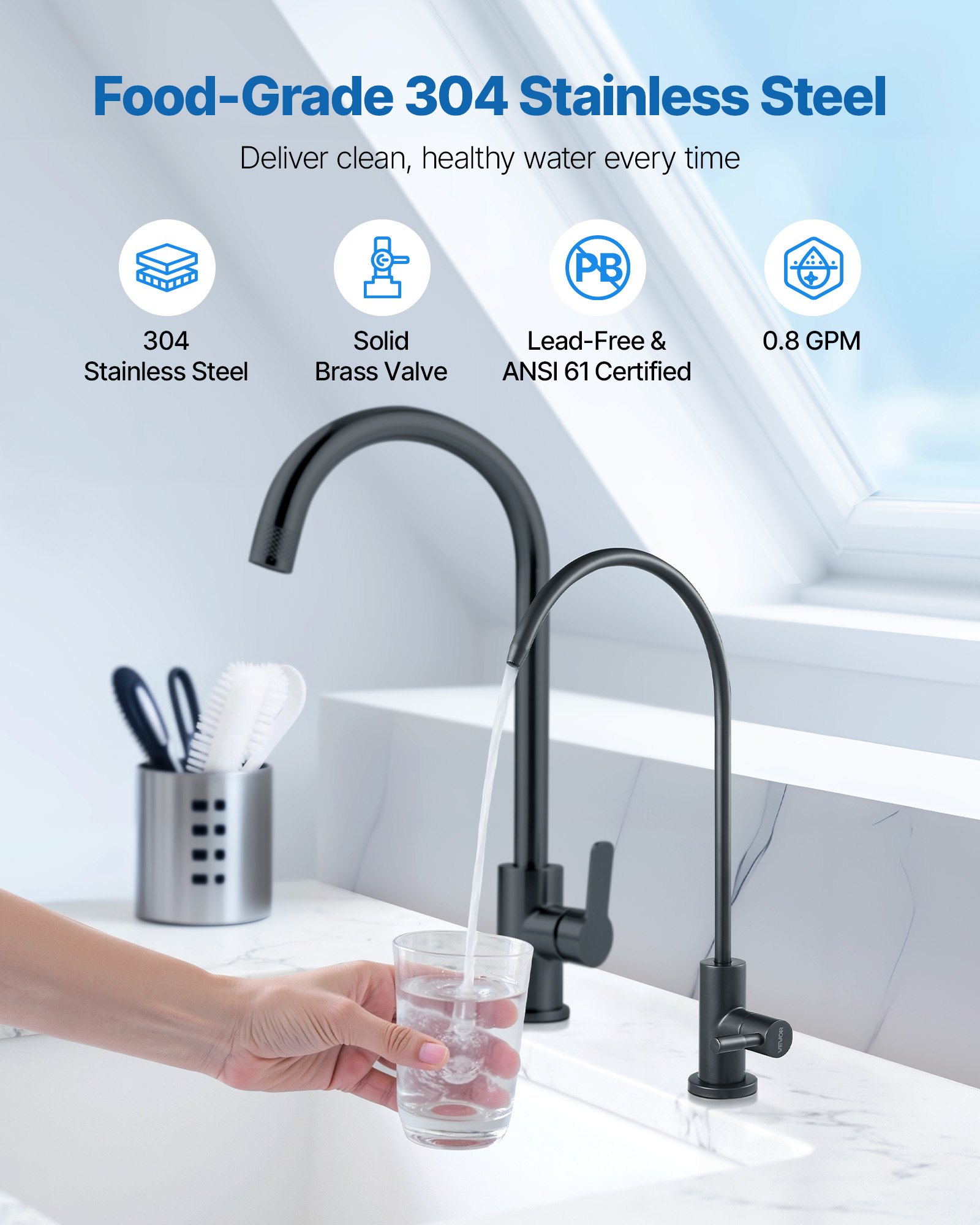 VEVOR Stainless Steel Faucet, Lead-Free Water Purifier Faucets, Reverse Osmosis Faucet with Solid Brass Valve, High Arch Drinking Water Faucets For Kitchen Sink, Bar Counter, Cafe Shop, Matte Black