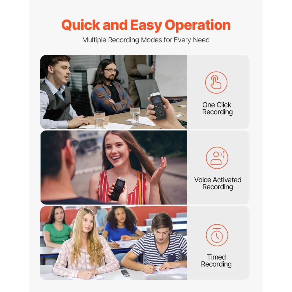 VEVOR Cyfrowy dyktafon, 128 GB, dyktafon z odtwarzaniem, rejestrator audio z hasłem USB, 8730 godzin pamięci, 40 godzin ciągłego nagrywania, do wykładów, spotkań