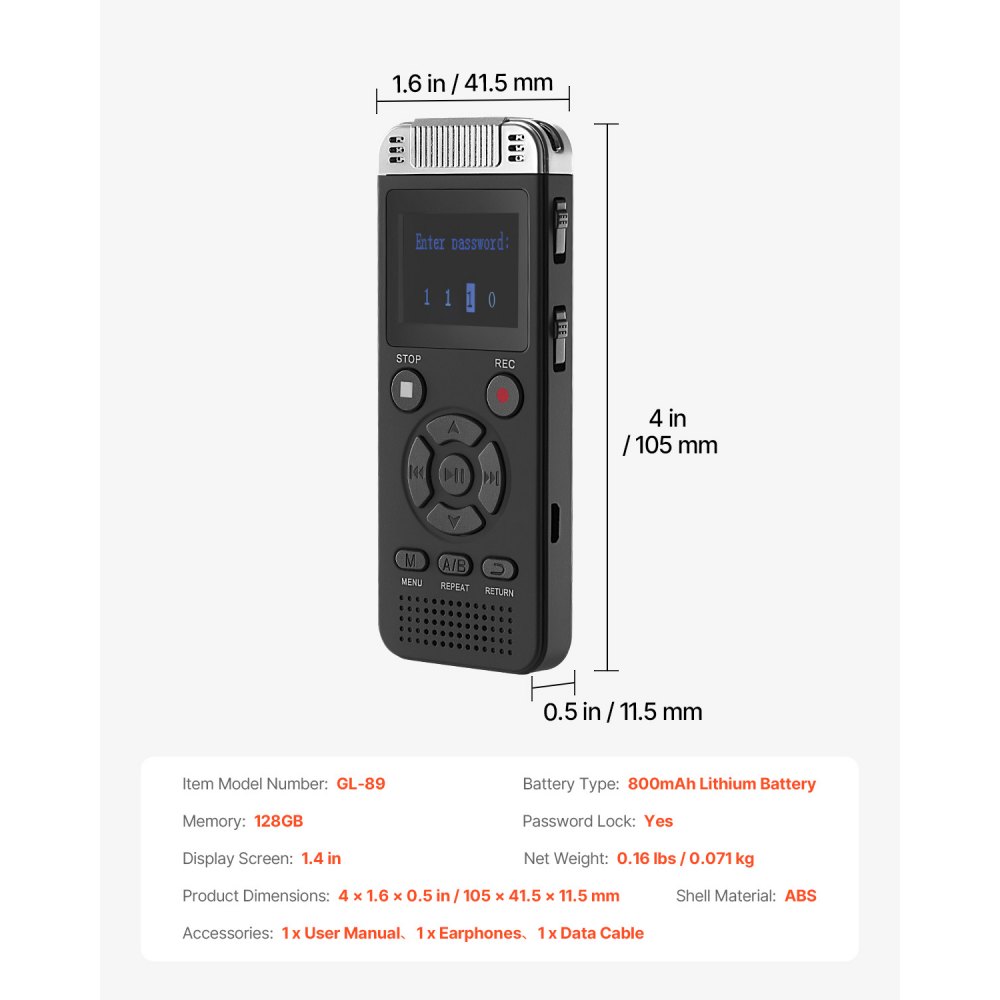 VEVOR Cyfrowy dyktafon, 128 GB, dyktafon z odtwarzaniem, rejestrator audio z hasłem USB, 8730 godzin pamięci, 40 godzin ciągłego nagrywania, do wykładów, spotkań