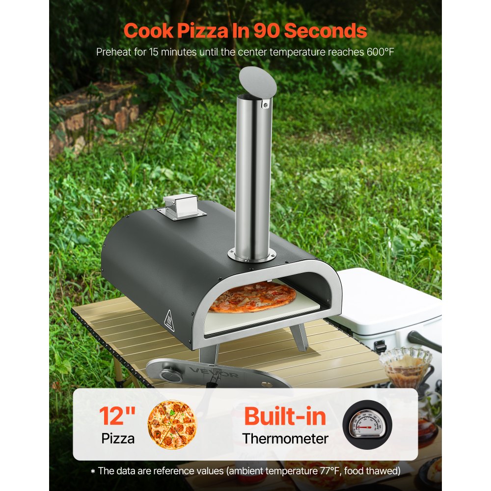 Piec do pizzy VEVOR Outdoor Pizza Oven, 12-calowy, pelletowy piec do pizzy z wbudowanym termometrem (maks. 540°C), łopatką i torbą transportową, przenośny piec do pizzy do ogrodu i na kemping, srebrny