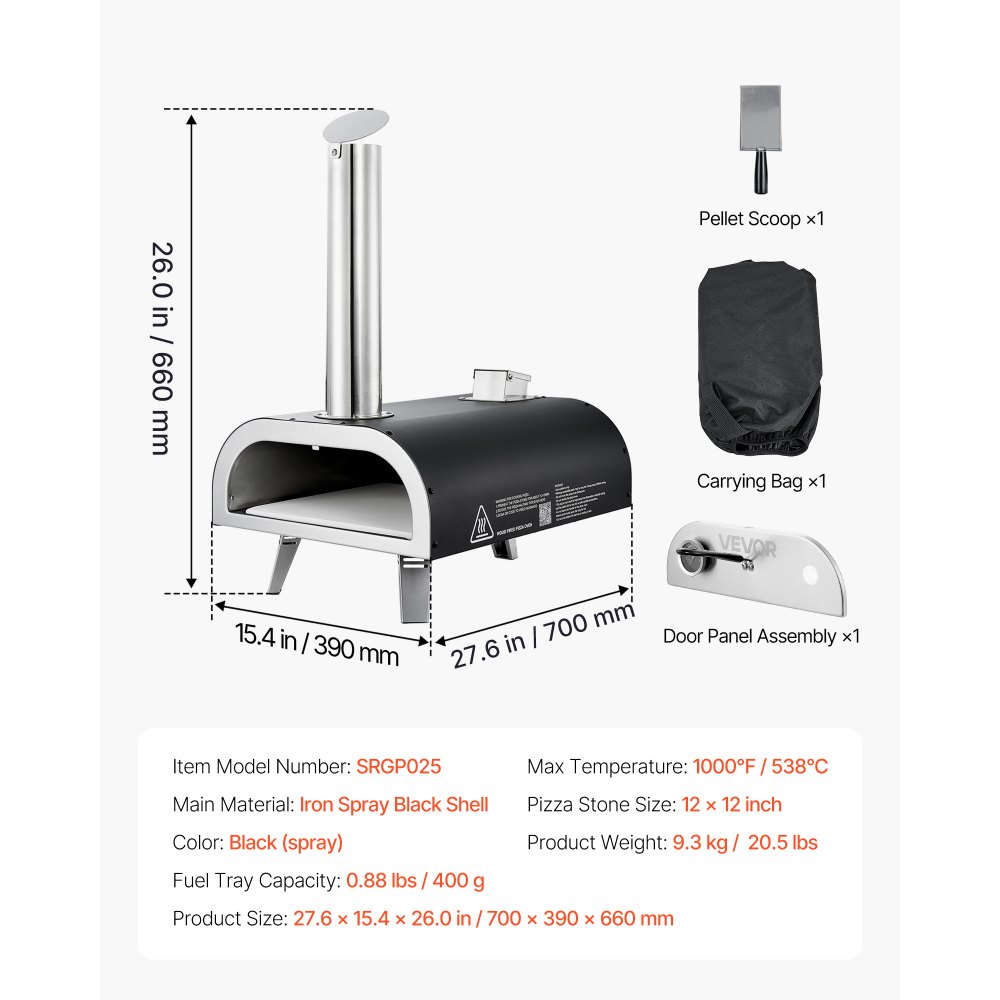 Piec do pizzy VEVOR Outdoor Pizza Oven, 12-calowy, pelletowy piec do pizzy z wbudowanym termometrem (maks. 540°C), łopatką i torbą transportową, przenośny piec do pizzy do ogrodu i na kemping, srebrny