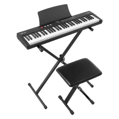 VEVOR Cyfrowe pianino 61 klawiszy, półważone pianino elektryczne ze stojakiem i ławką, 128 dźwięków, 128 rytmów, głośniki stereo HiFi, gniazdo słuchawkowe 3,5 mm, pedał podtrzymujący, USB/MIDI i pulpit pod nuty