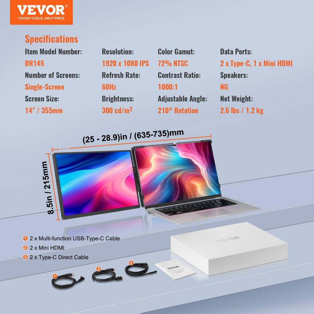 VEVOR 14-calowy przedłużacz ekranu laptopa, przenośny monitor Full HD 1080P do laptopów o przekątnej 13–17 cali, przedłużacz ekranu laptopa z portem USB-C i mini HDMI, kompatybilny z systemami Mac, Windows, Android, Switch i PS4