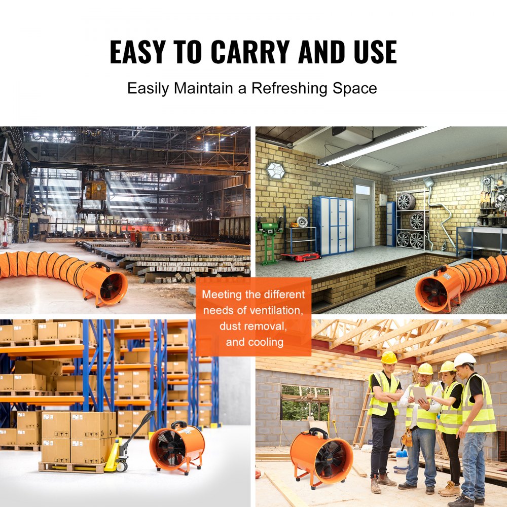 Wentylator budowlany VEVOR Silnik prądu przemiennego 145 W Dmuchawa budowlana 2900 obr./min Dmuchawa budowlana 1020 CFM (1733 m3/h) Wentylator osiowy z wężem 8 m Dmuchawa osiowa Poziom hałasu 79 dB Wentylator przemysłowy