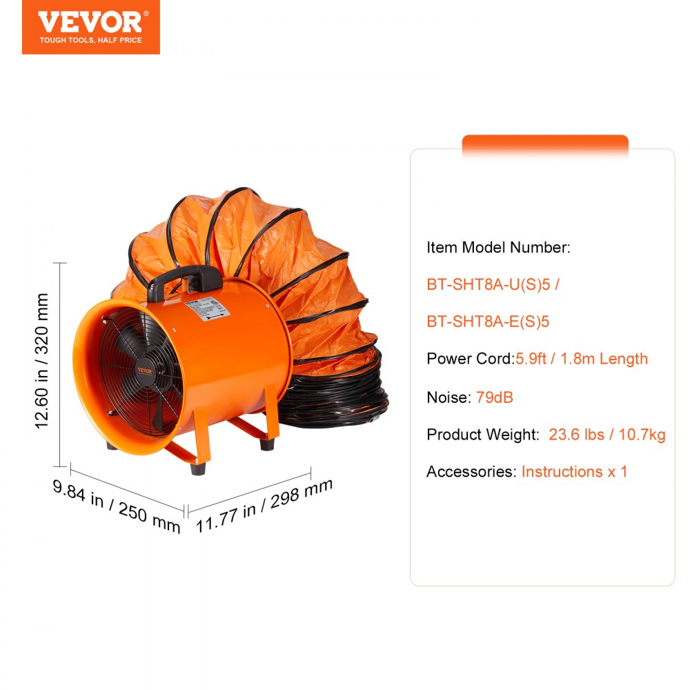 Wentylator budowlany VEVOR Silnik prądu przemiennego 145 W Dmuchawa budowlana 2900 obr./min Dmuchawa budowlana 504 l/s (1070 CFM) Wentylator osiowy z wężem 5 m Dmuchawa osiowa Poziom hałasu 79 dB Wentylator przemysłowy