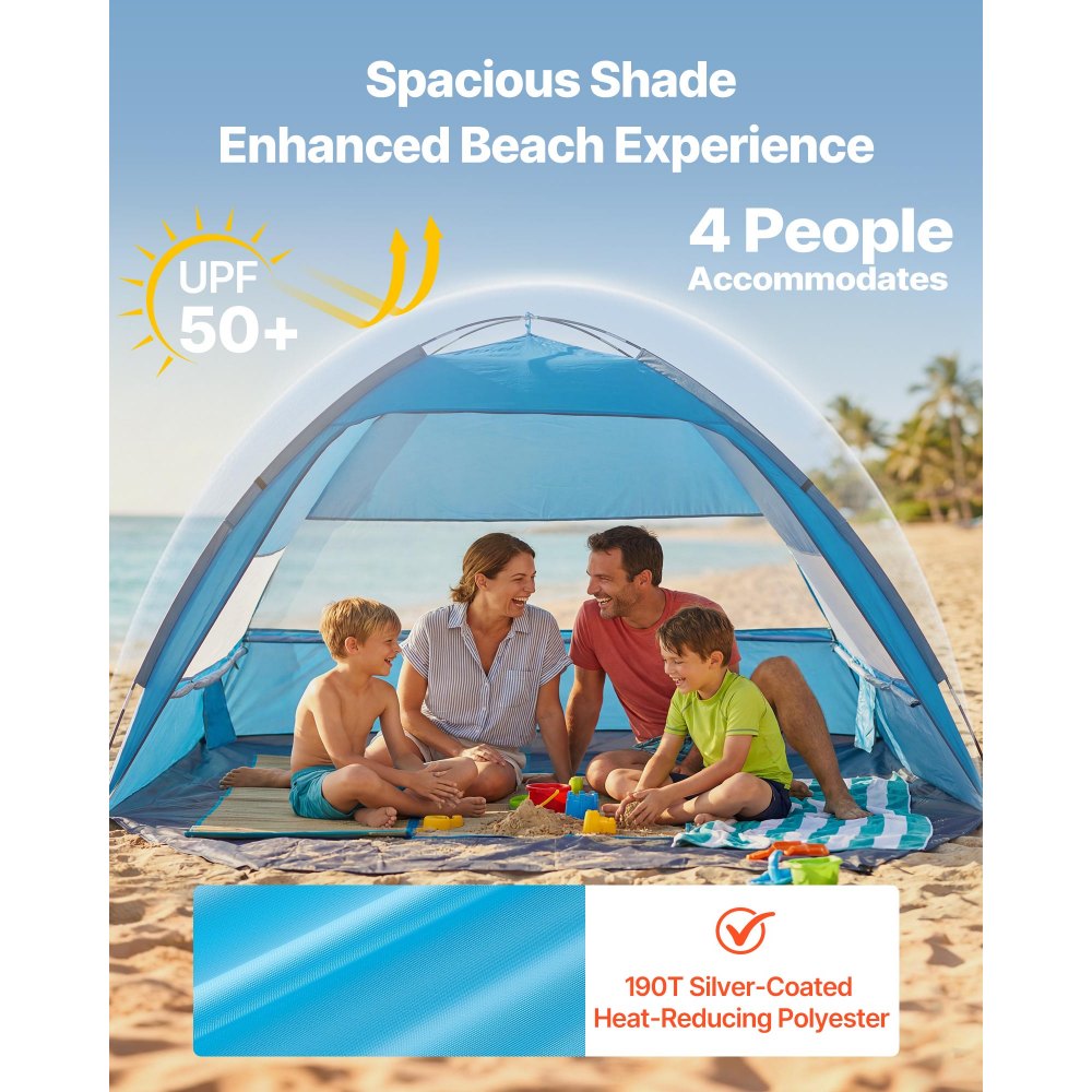 VEVOR Beach Tent Sun Shelter for 4 Person, UPF 50+ Protection, Portable Sun Shade Canopy with Carrying Bag & Sand Pockets, Lightweight and Easy Setup Beach Umbrella for Camping Fishing Outdoor Picnic
