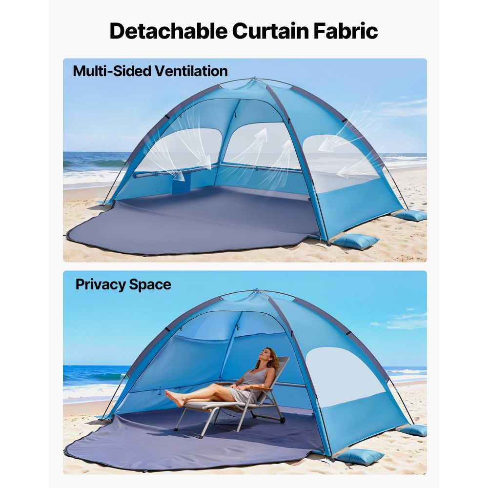 VEVOR Beach Tent Sun Shelter for 4 Person, UPF 50+ Protection, Portable Sun Shade Canopy with Carrying Bag & Sand Pockets, Lightweight and Easy Setup Beach Umbrella for Camping Fishing Outdoor Picnic