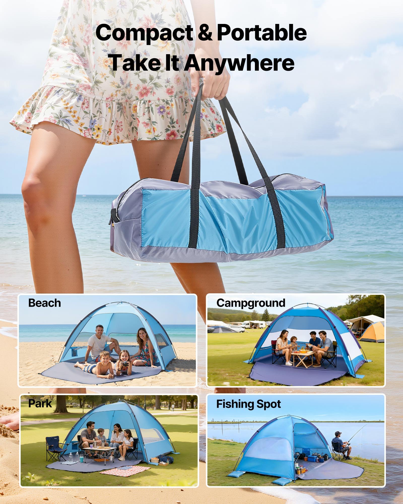 VEVOR Beach Tent Sun Shelter for 4 Person, UPF 50+ Protection, Portable Sun Shade Canopy with Carrying Bag & Sand Pockets, Lightweight and Easy Setup Beach Umbrella for Camping Fishing Outdoor Picnic