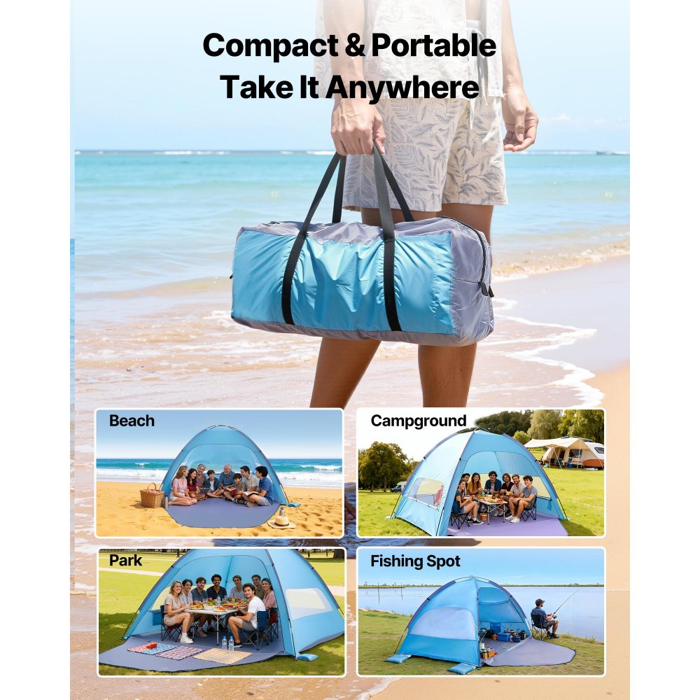 VEVOR Beach Tent Sun Shelter for 8 Person, UPF 50+ Protection, Portable Sun Shade Canopy with Carrying Bag & Sand Pockets, Lightweight and Easy Setup Beach Umbrella for Camping Fishing Outdoor Picnic