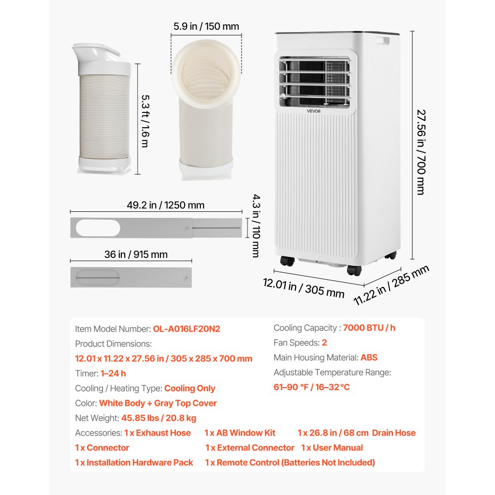 Klimatyzator przenośny VEVOR 7000 BTU 2,05 kW z przewodem wydechowym, 3 w 1 z chłodzeniem, wentylacją i osuszaniem, wyświetlaczem LED, pilotem zdalnego sterowania i 24-godzinnym timerem do użytku wewnątrz pomieszczeń