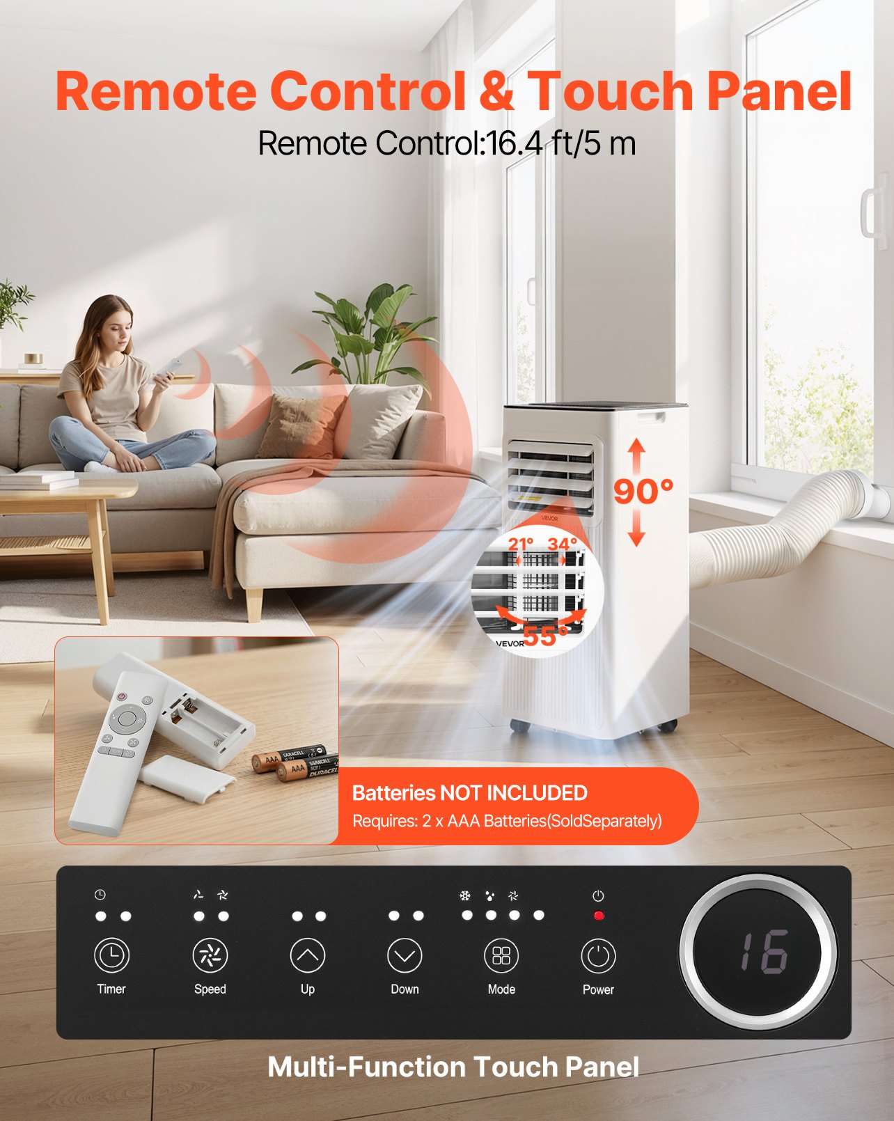 VEVOR Portable Air Conditioner, 7000 BTU 2kW 3-in-1 Standing Cooling Ac Unit, LED Touch Panel & Remote Control, 24h Timer, Cooling/Dehumidifier/Fan Mode for Room Indoor, White, Energy Efficiency: A