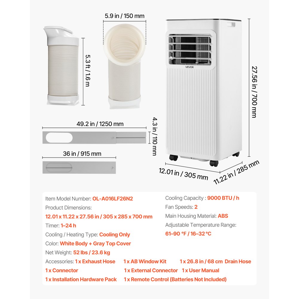 Klimatyzator przenośny VEVOR 9000 BTU 2,6 kW z przewodem wydechowym, 3 w 1 z chłodzeniem, wentylacją i osuszaniem, wyświetlaczem LED, pilotem zdalnego sterowania i 24-godzinnym timerem do użytku wewnątrz pomieszczeń