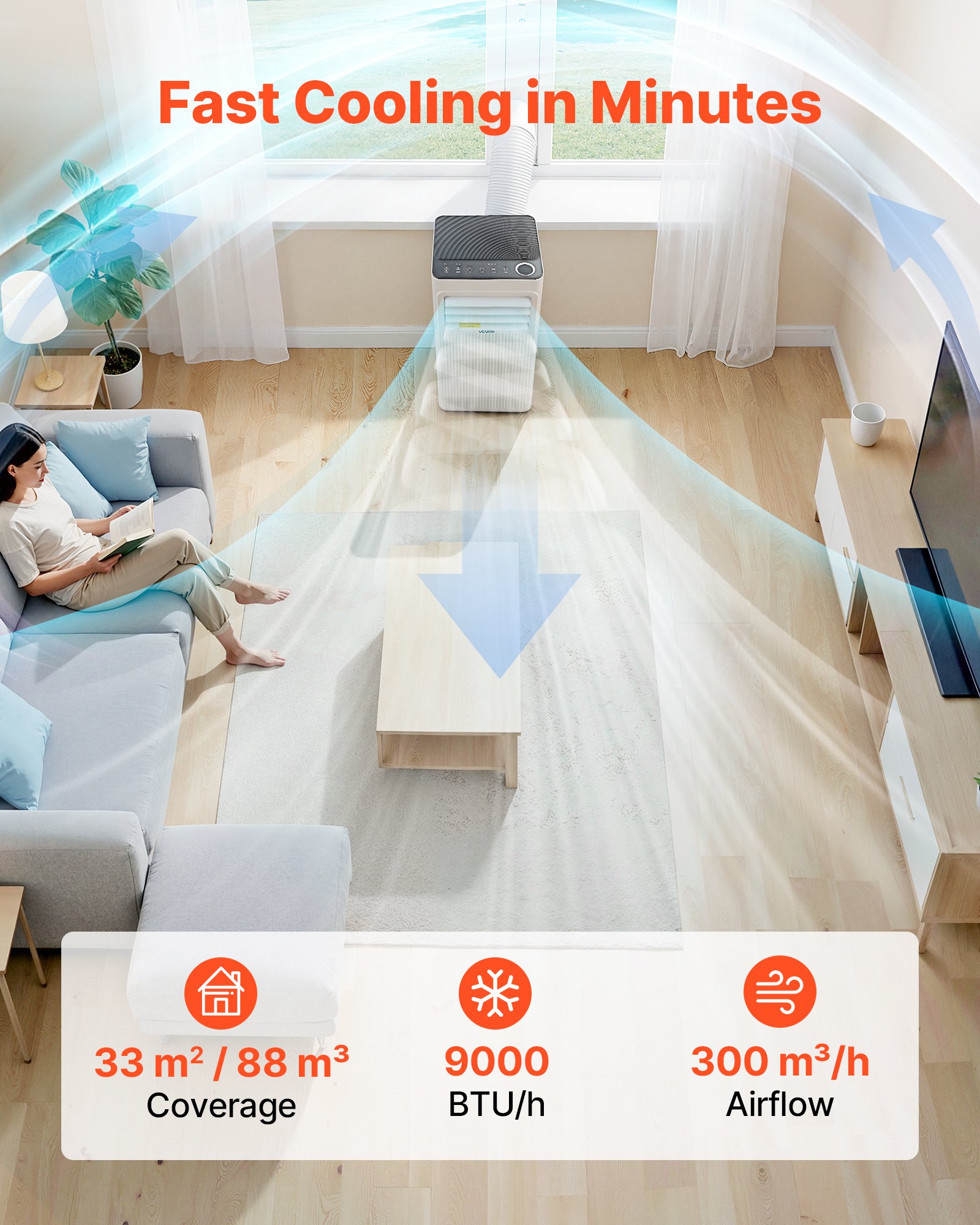Klimatyzator przenośny VEVOR 9000 BTU 2,6 kW z przewodem wydechowym, 3 w 1 z chłodzeniem, wentylacją i osuszaniem, wyświetlaczem LED, pilotem zdalnego sterowania i 24-godzinnym timerem do użytku wewnątrz pomieszczeń
