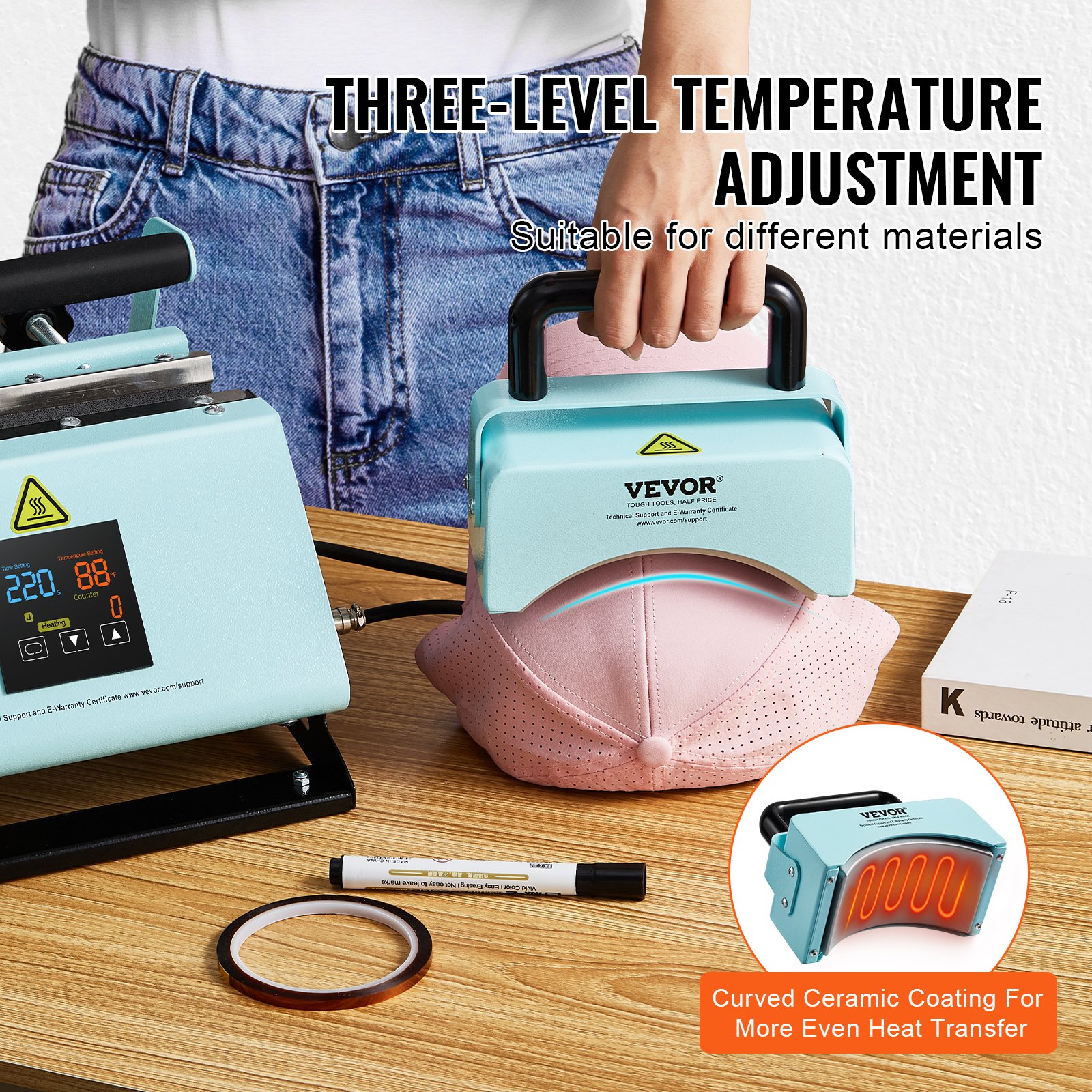 Prasa termotransferowa VEVOR 2 w 1 do kubków i czapek, mini prasa termotransferowa do czapek i czapek, prasa termotransferowa do kubków i filiżanek sublimacyjnych o pojemności 11–30 uncji, kontrola temperatury i czasu, prasa transferowa