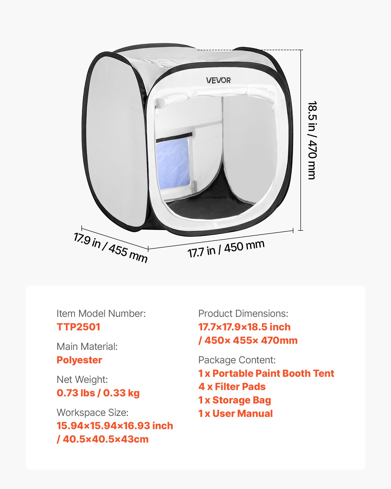 VEVOR Przenośny namiot lakierniczy (obszar roboczy 40,5 x 40,5 x 43 cm) Rozkładany namiot lakierniczy do malowania natryskowego, wodoodporna kabina lakiernicza do małych modeli, rzeźb, wazonów, ramek do zdjęć, konstrukcji typu „pop-up”