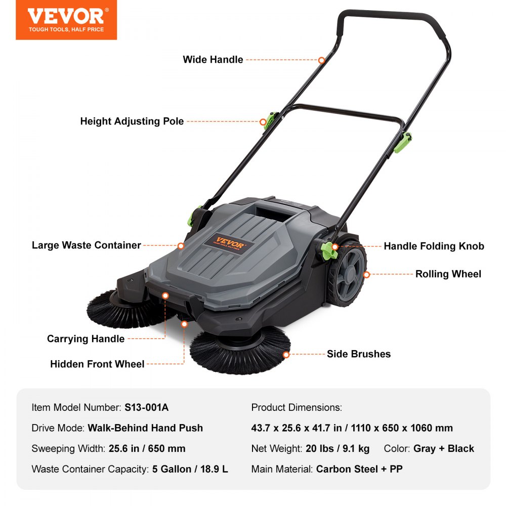 VEVOR 1110 x 650 x 1060 mm, prowadzona za plecami zamiatarka, szerokość zamiatania 65 cm, ręczna, kosz na śmieci o pojemności 18,9 l, składana rączka z regulowanym kątem i wysokością do chodników, podwórek, garaży, patio itp.