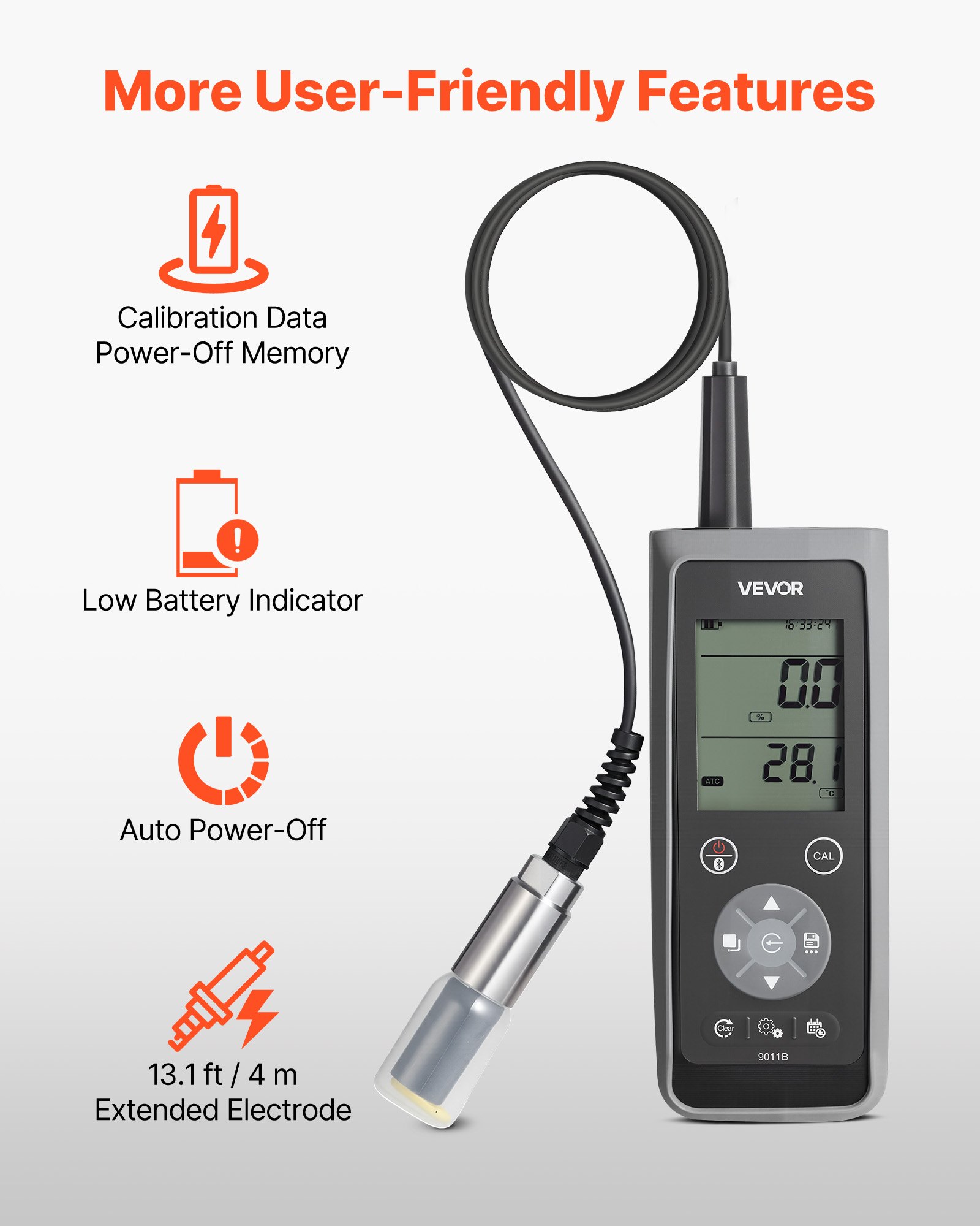 Miernik tlenu rozpuszczonego VEVOR, zakres pomiaru 0,0–50,0 mg/l, przenośny zestaw testowy z 4-metrowym kablem elektrodowym i transmisją danych przez Bluetooth/USB, przechowywanie danych, miernik tlenu rozpuszczonego