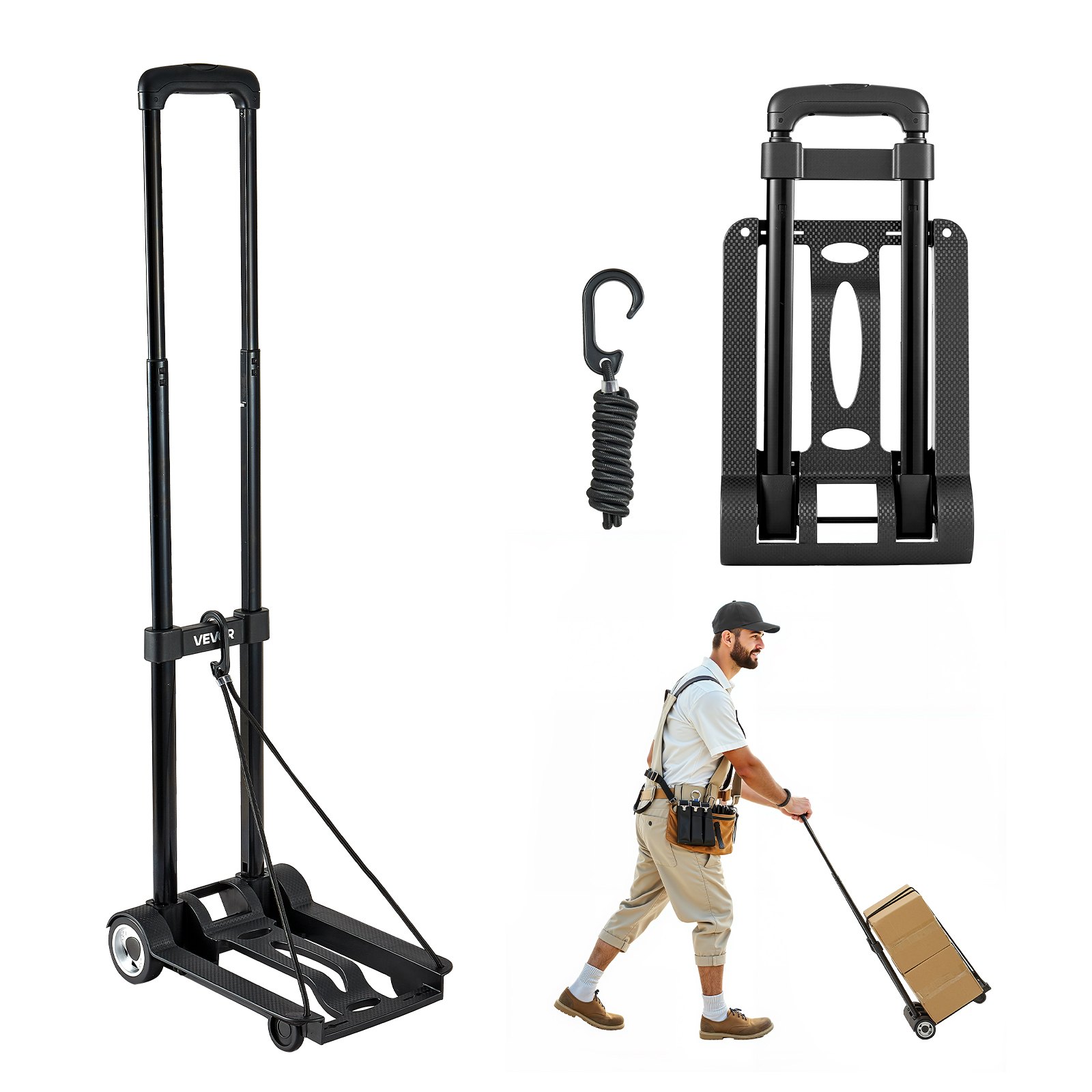 Wózek transportowy VEVOR składany, udźwig 50 kg, wózek transportowy z 2 kołami i 1 elastyczną liną, uniwersalny wózek z platformą, na lotnisko, do mebli podróżnych, bagażu, przeprowadzek biurowych, czarny, 320 x 235 x 965 mm