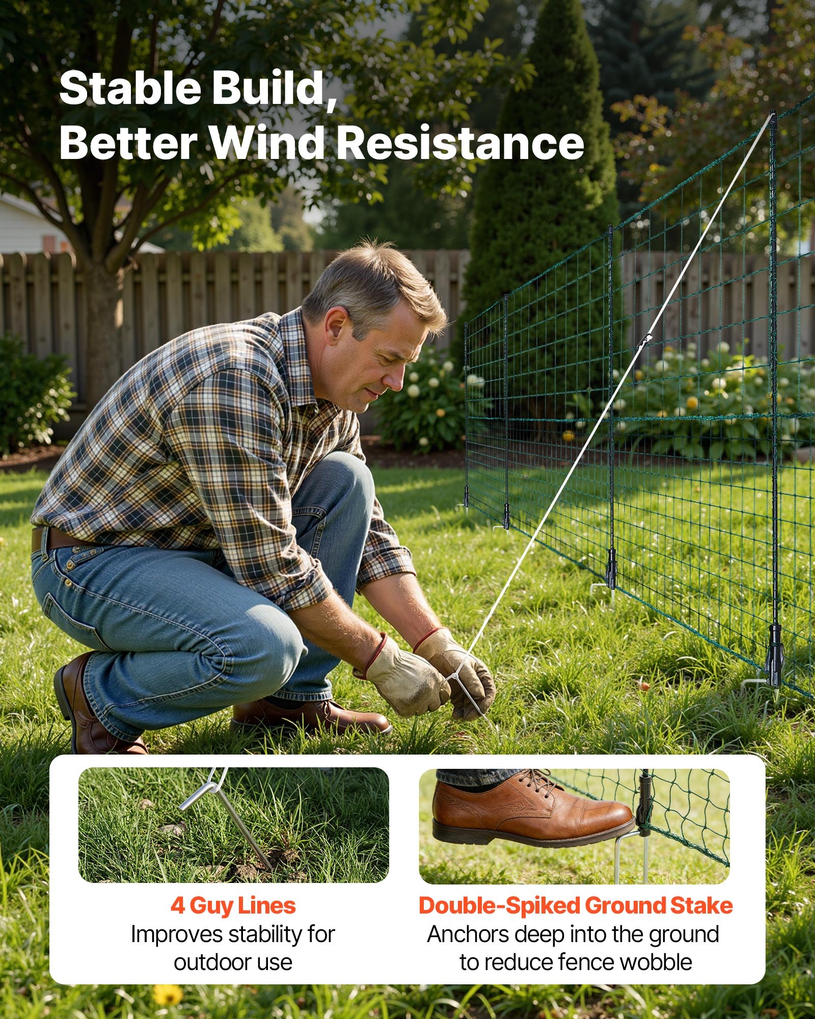 VEVOR Temporary Fence with Posts, 1.25 x 25m Plastic Mesh Fencing, Garden Safety Fences Netting with Double-Spike Stakes & Guy Ropes, Temporary Fence for Dogs, Chickens, Plants, Outdoor Yards