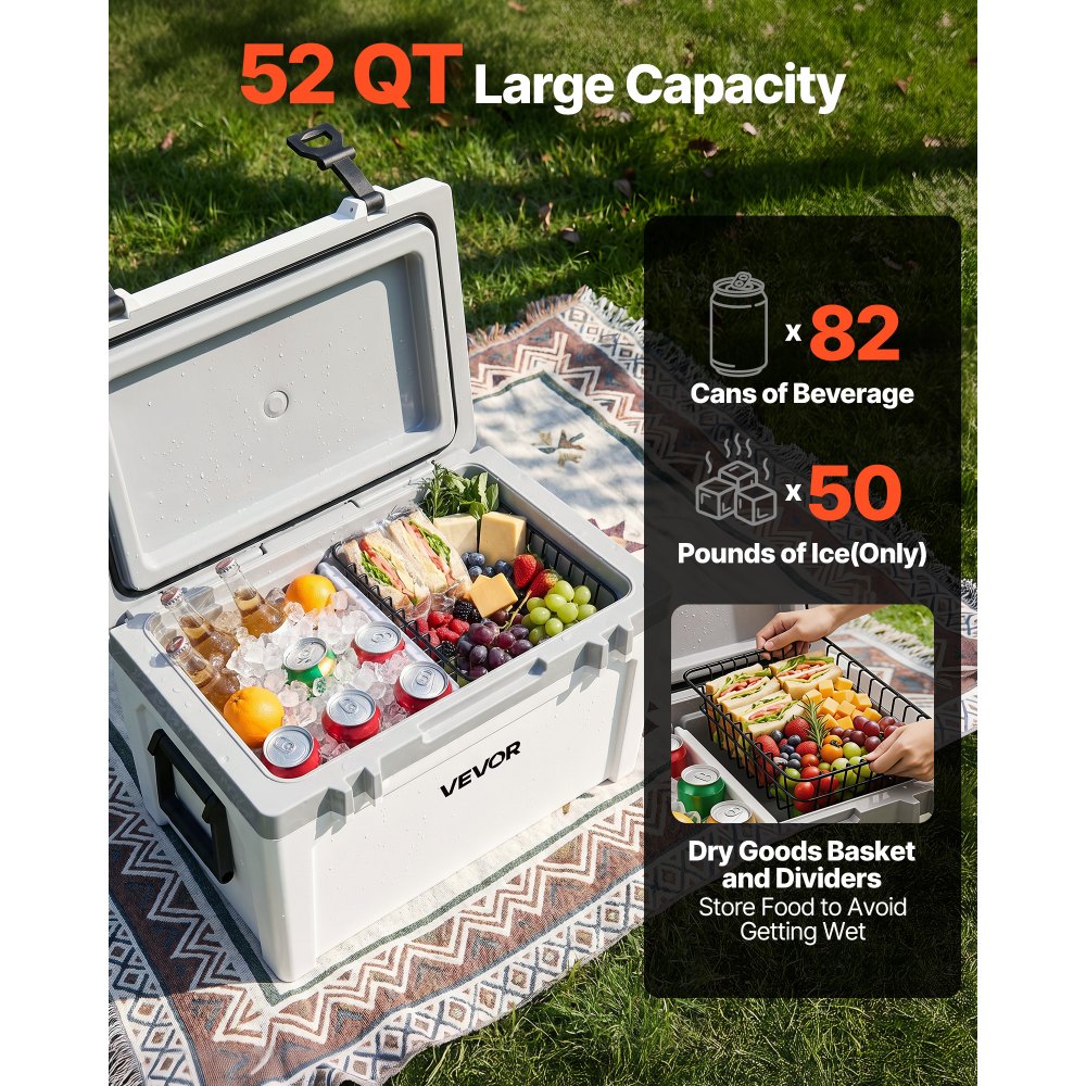 VEVOR Pasywna Lodówka Przenośna 57,26 L, Izolowana Lodówka Kempingowa Thermobox na 45-50 Puszek, Lodówka Kempingowa z Koszykiem, Izolowana Lodówka Przenośna, Wielofunkcyjna Lodówka Skrzynkowa