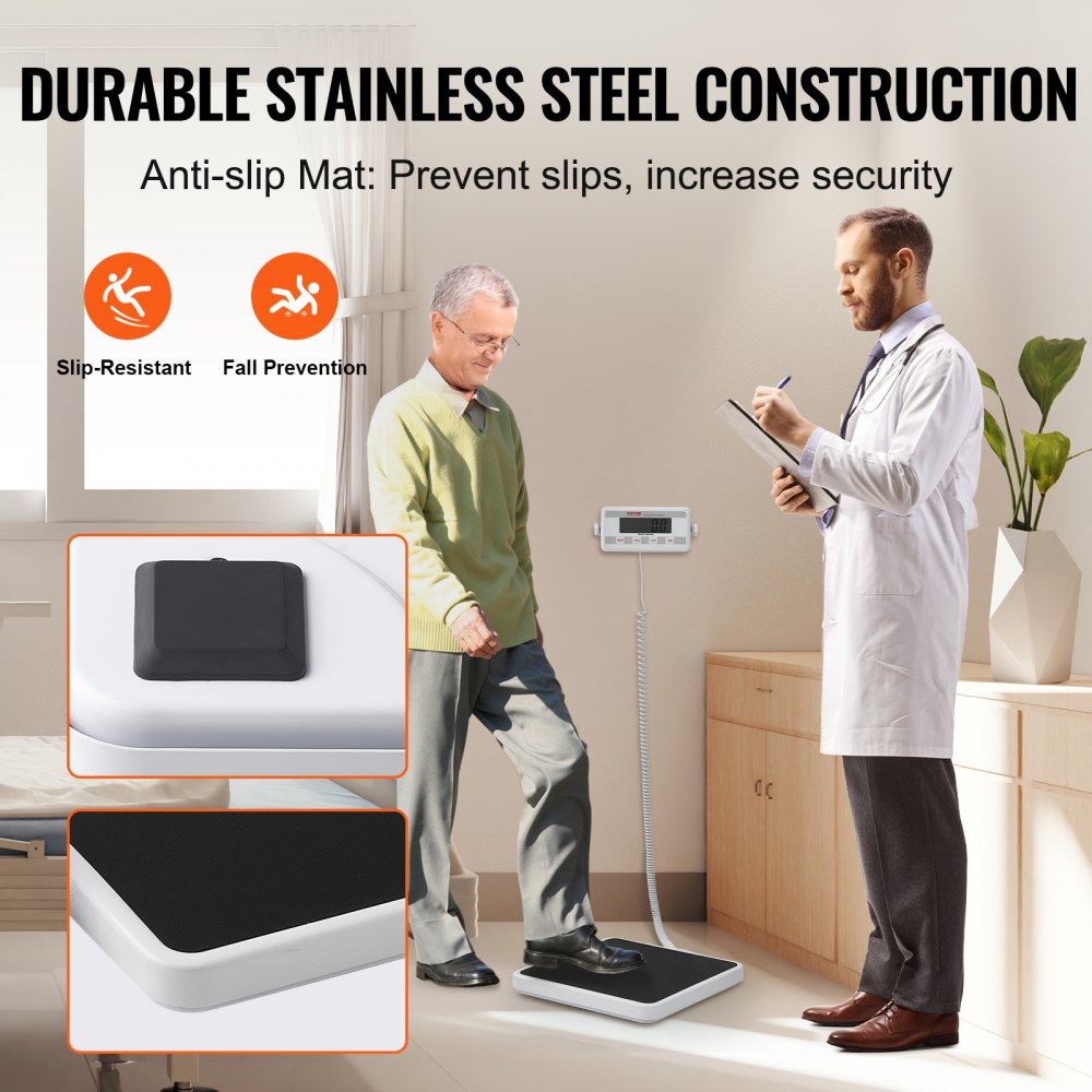 VEVOR Przenośna waga medyczna, profesjonalna cyfrowa waga lekarska do ważenia – z matą antypoślizgową, 2 jednostki (kg/funty), funkcja podtrzymywania i tarowania, udźwig 400 funtów, waga lekarska do siłowni, domu, szpitala